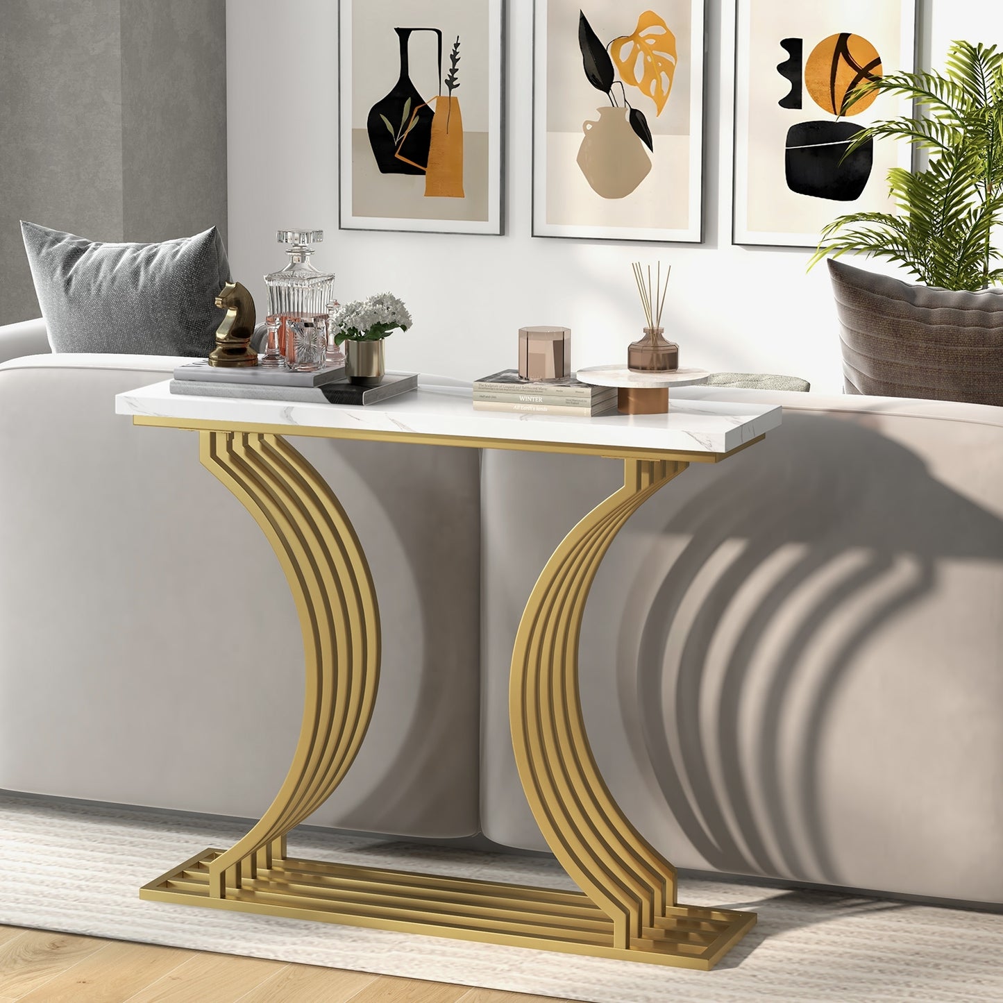 Elegant 39" Entryway Table with Faux Marble Surface and Sleek Gold Frame