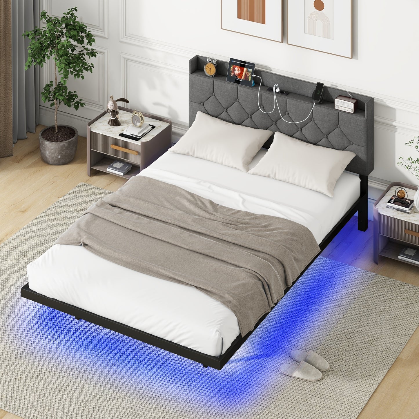 Floating LED Bed Frame with Headboard and Charging Station – Full & Queen Size