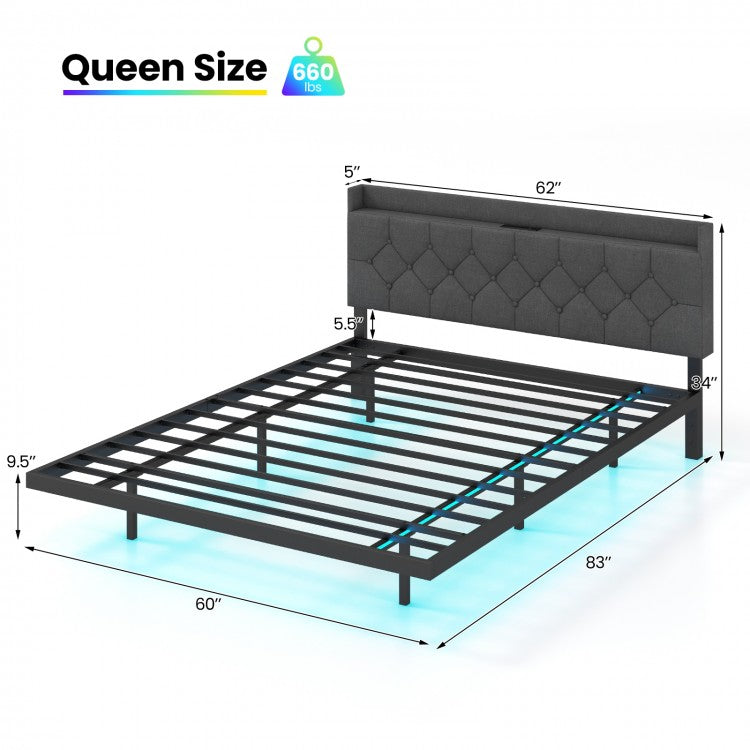 Floating LED Bed Frame with Headboard and Charging Station – Full & Queen Size