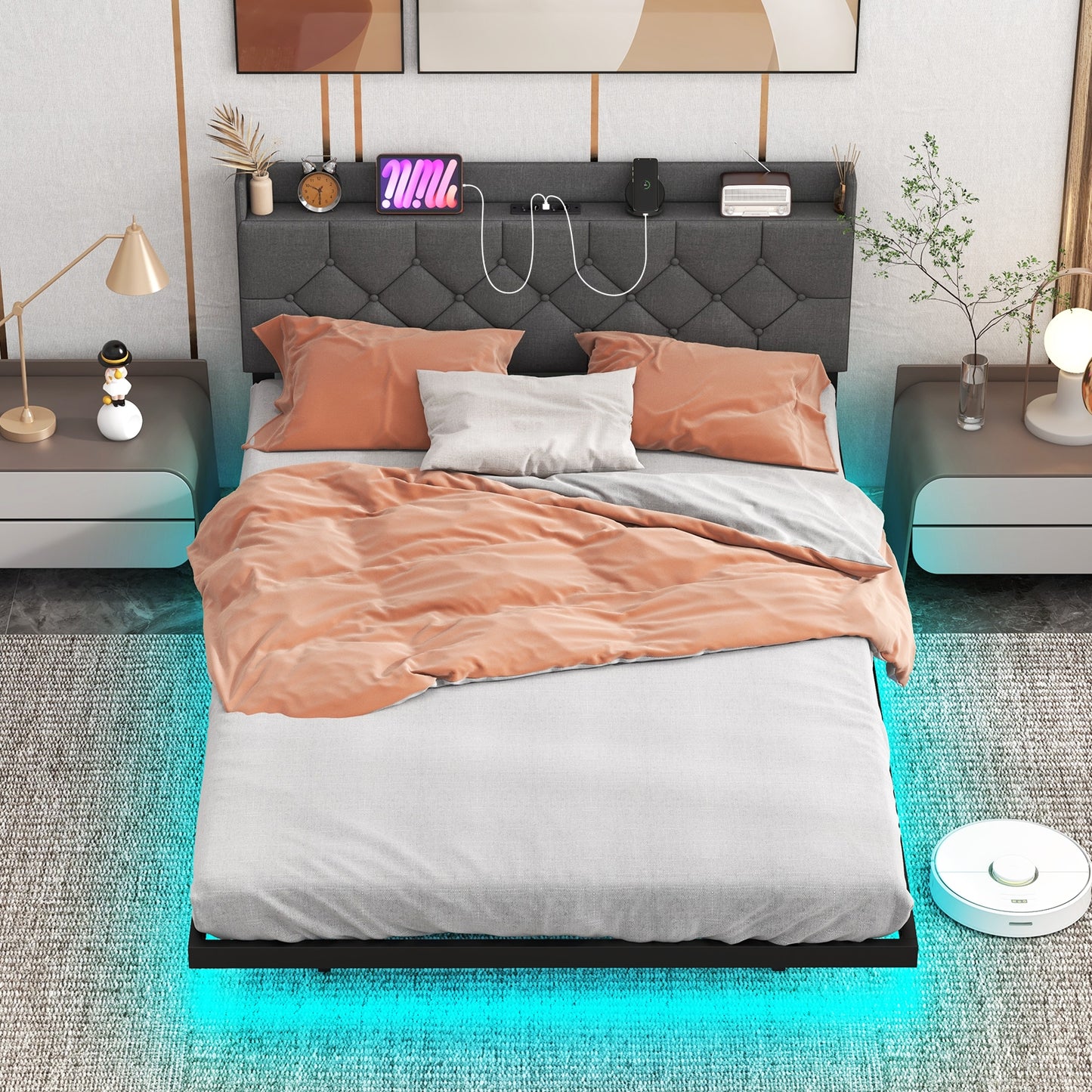 Floating LED Bed Frame with Headboard and Charging Station – Full & Queen Size