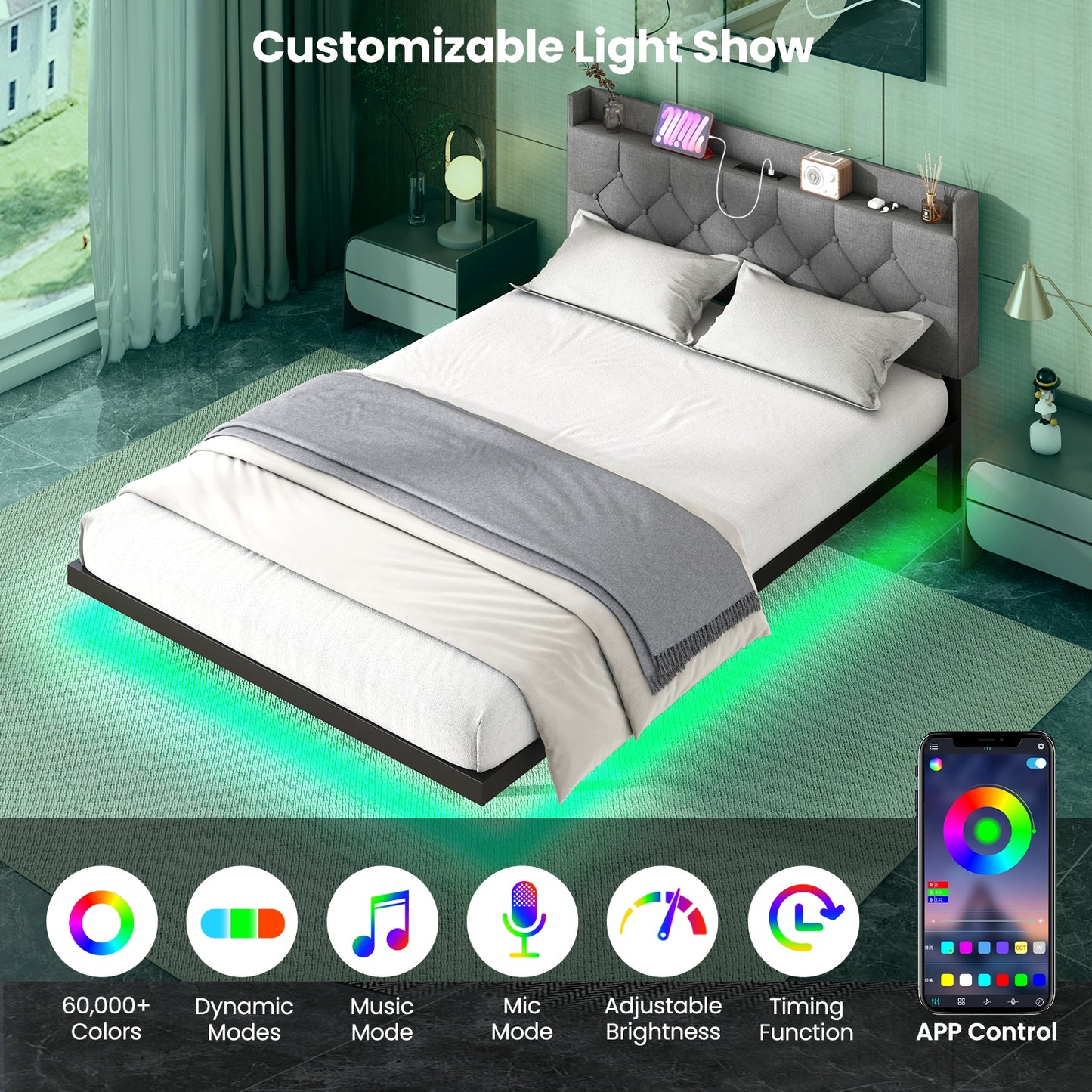 Floating LED Bed Frame with Headboard and Charging Station – Full & Queen Size