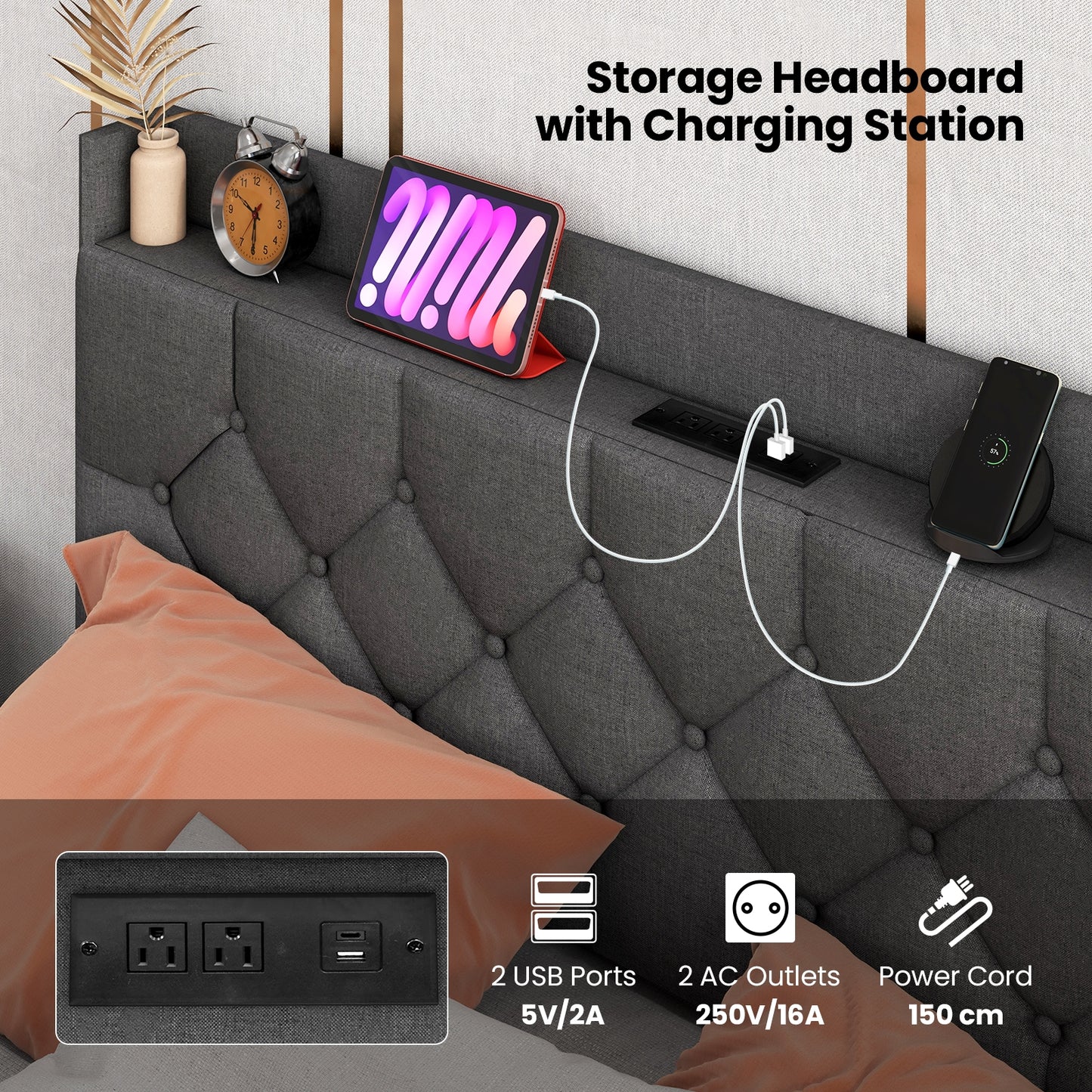 Floating LED Bed Frame with Headboard and Charging Station – Full & Queen Size