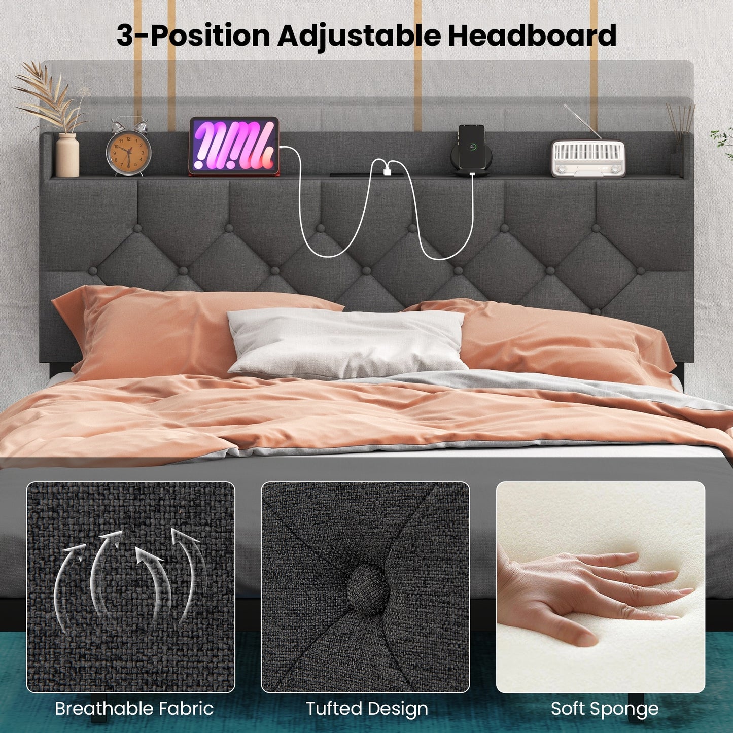 Floating LED Bed Frame with Headboard and Charging Station – Full & Queen Size