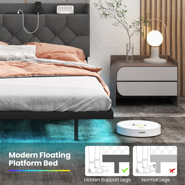 Floating LED Bed Frame with Headboard and Charging Station – Full & Queen Size