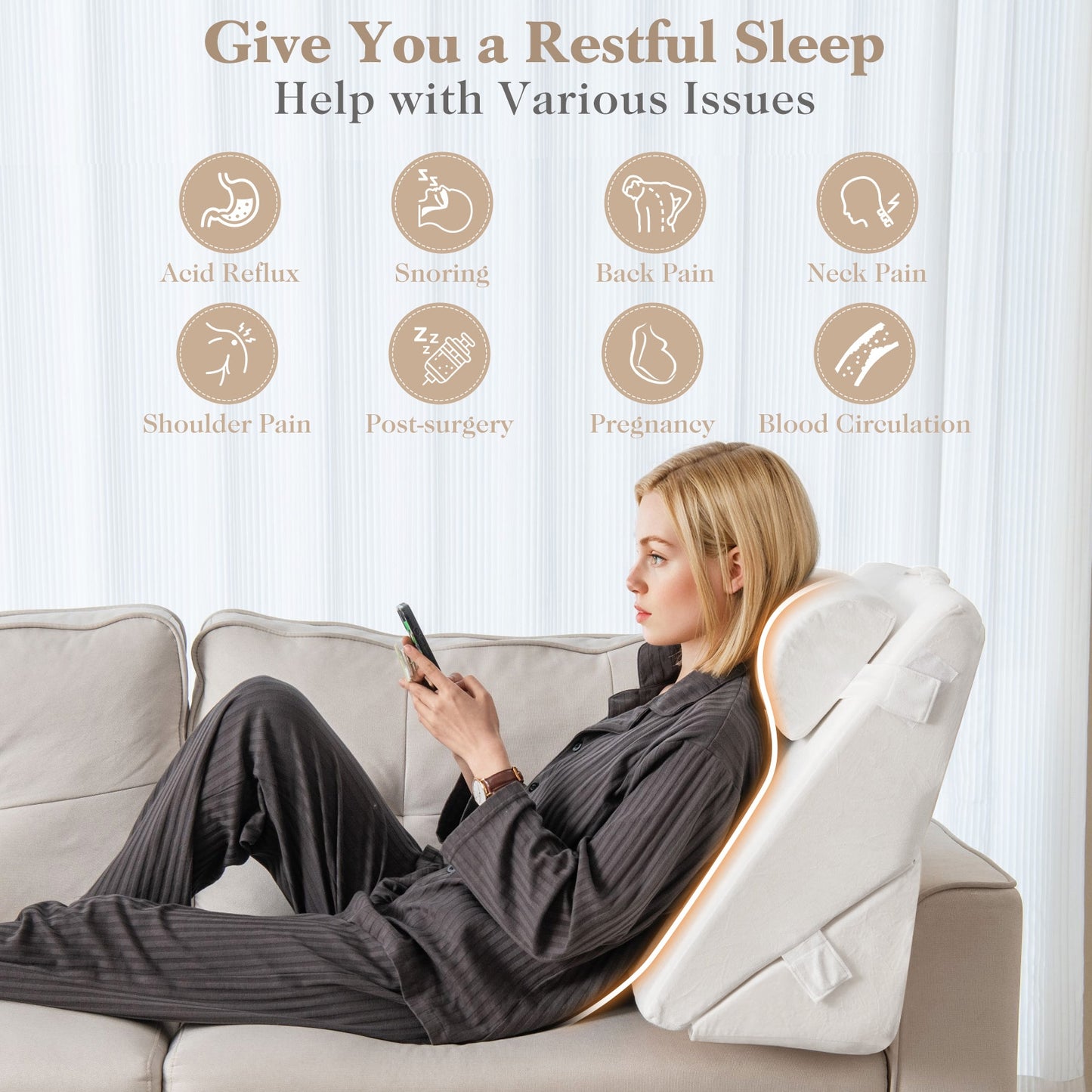3 Piece Adjustable Bed Wedge Pillow Set with Air Memory Foam for Ultimate Comfort - Off White
