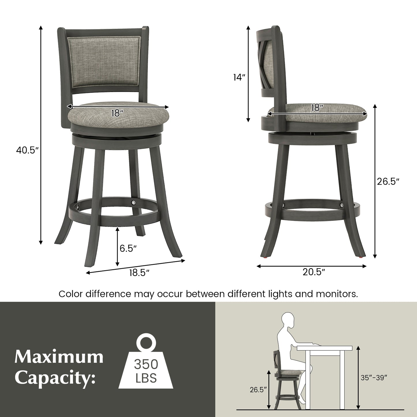 Set of 2 Swivel Bar Stools with Soft Padded Back and Seat 26.5 Inch