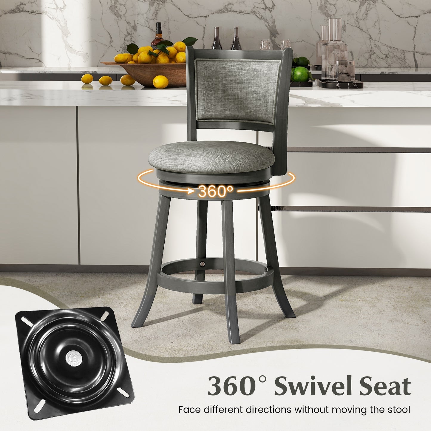 Set of 2 Swivel Bar Stools with Soft Padded Back and Seat 26.5 Inch