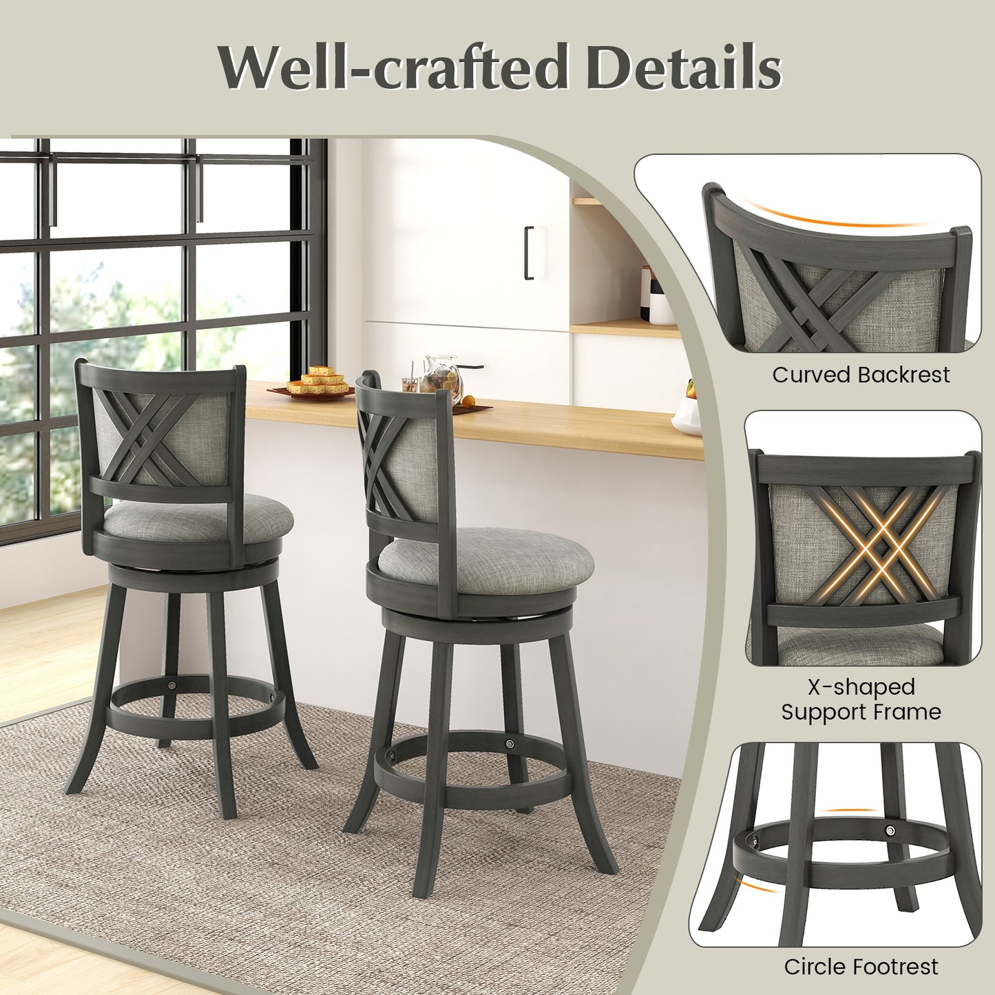 Set of 2 Swivel Bar Stools with Soft Padded Back and Seat 26.5 Inch