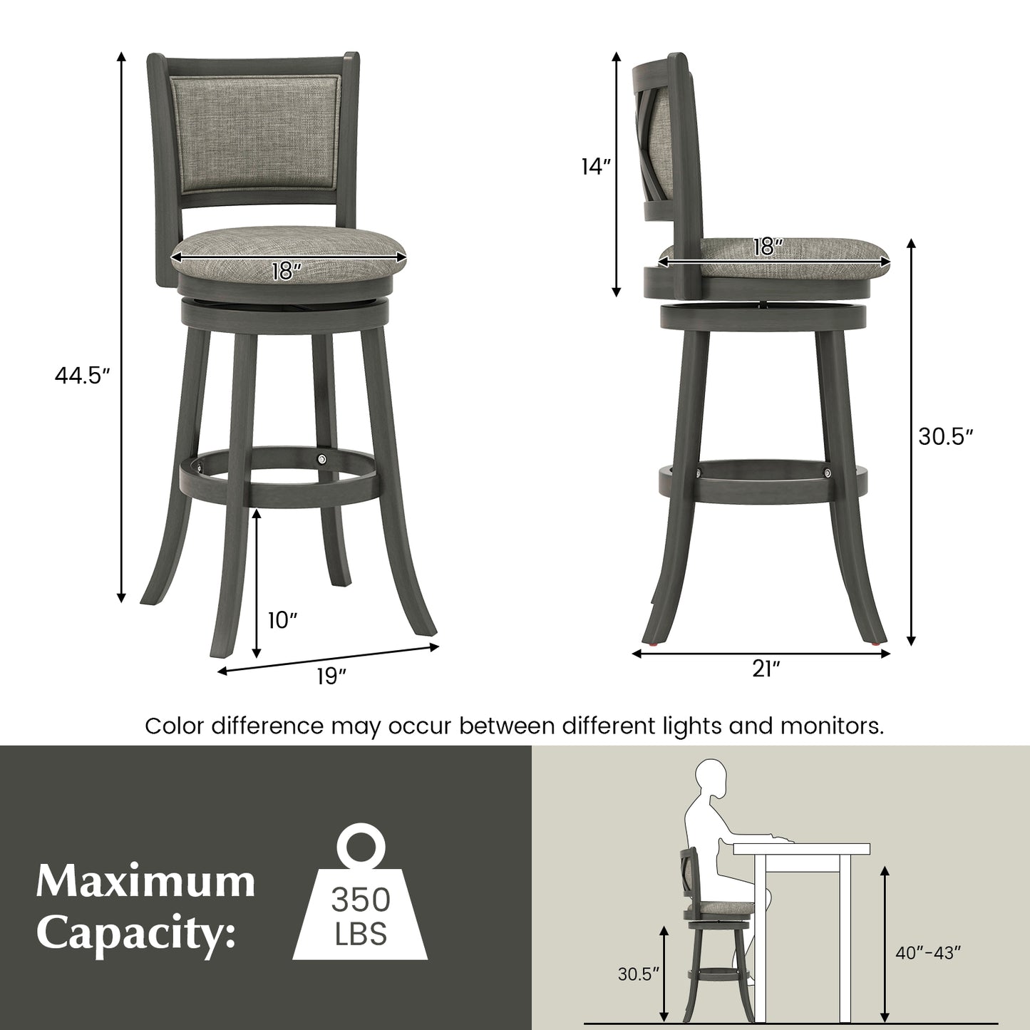 Set of 2 Swivel Bar Stools with Soft Padded Back and Seat 30.5 Inch
