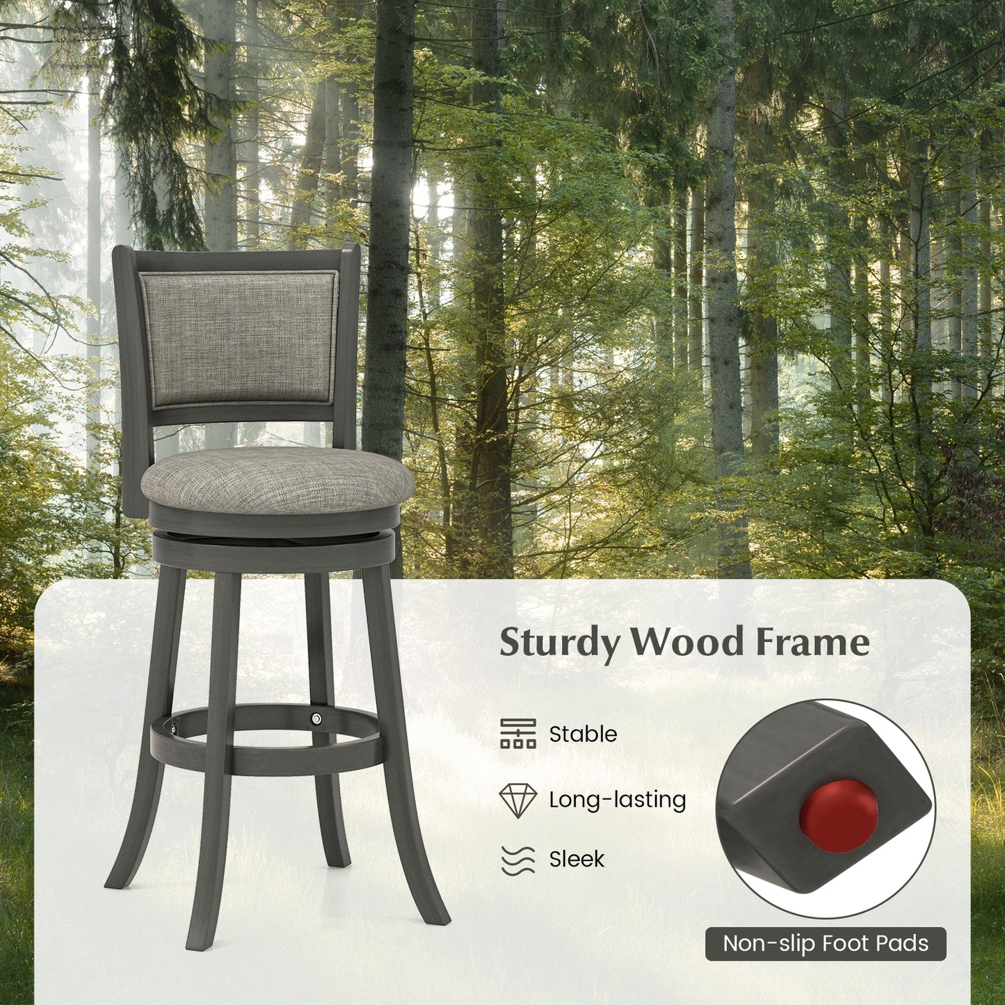 Set of 2 Swivel Bar Stools with Soft Padded Back and Seat 30.5 Inch