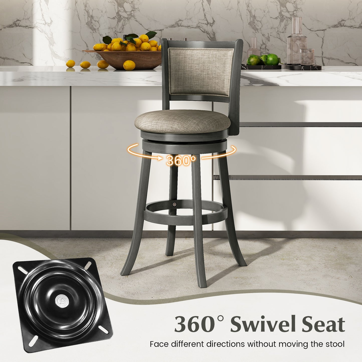 Set of 2 Swivel Bar Stools with Soft Padded Back and Seat 30.5 Inch