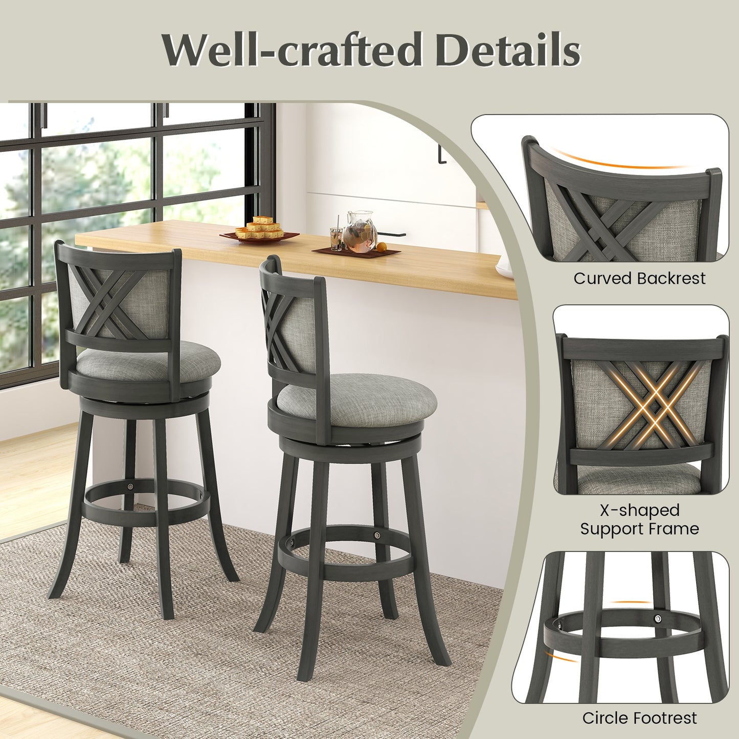 Set of 2 Swivel Bar Stools with Soft Padded Back and Seat 30.5 Inch