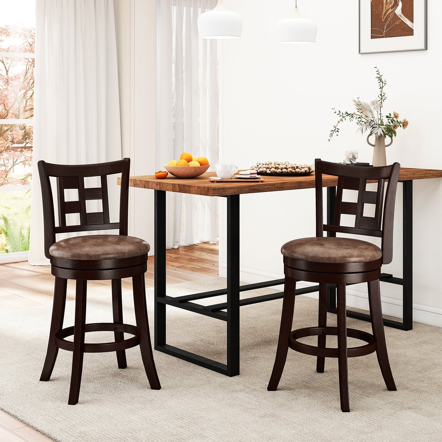 Swivel Bar Stools with Footrest and Lattice Backrest 2-Piece Set 26 Inch Seat Height
