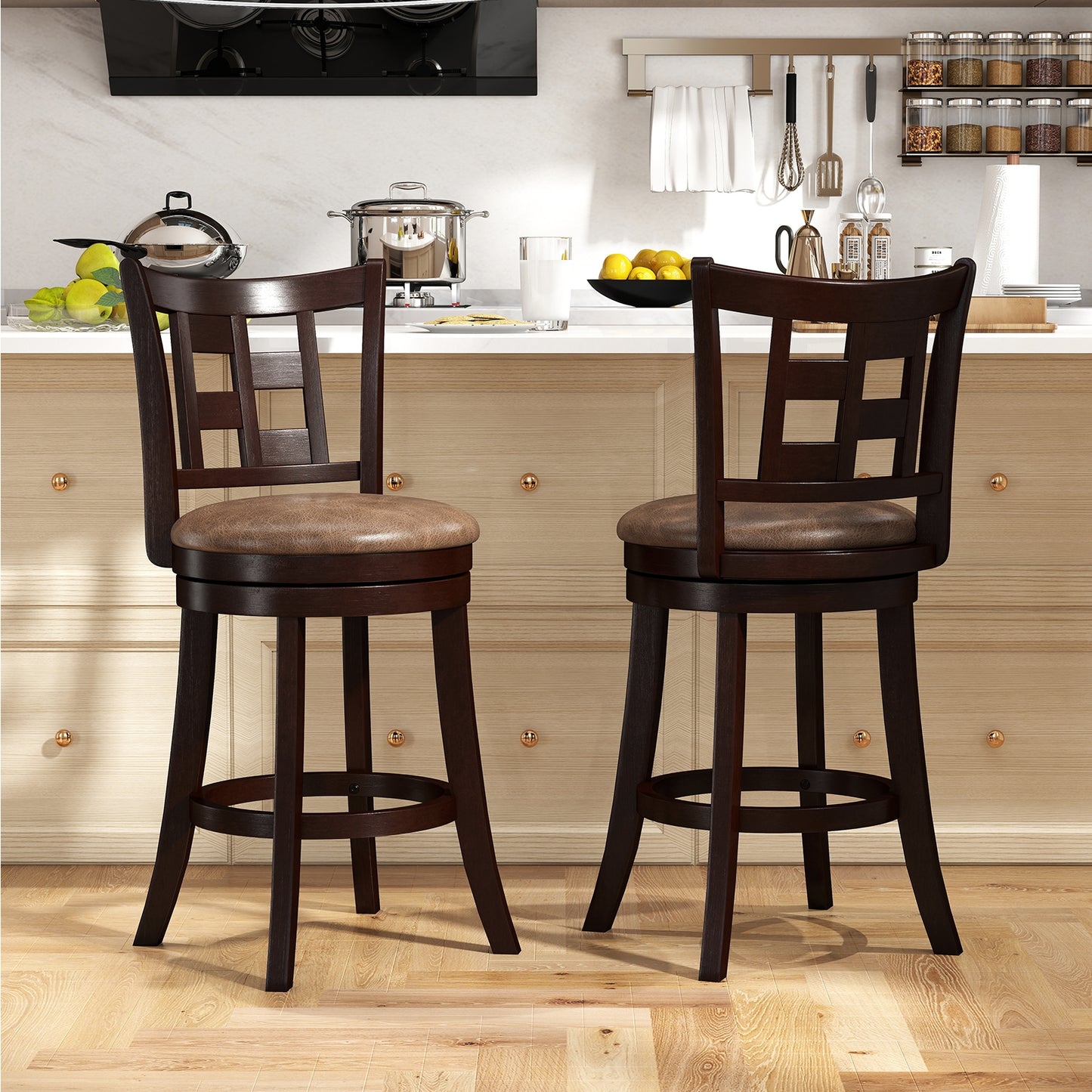 Swivel Bar Stools with Footrest and Lattice Backrest 2-Piece Set 26 Inch Seat Height