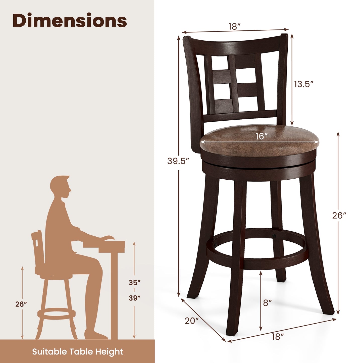 Swivel Bar Stools with Footrest and Lattice Backrest 2-Piece Set 26 Inch Seat Height