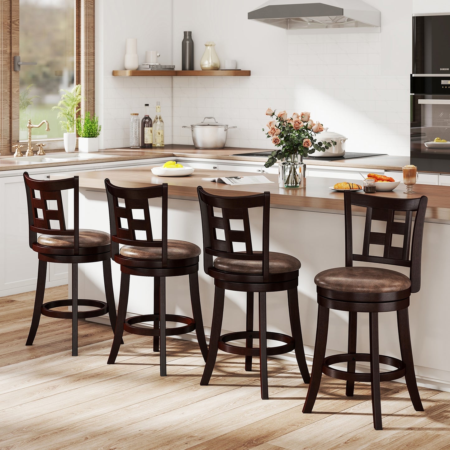 Swivel Bar Stools with Footrest and Lattice Backrest 2-Piece Set 26 Inch Seat Height