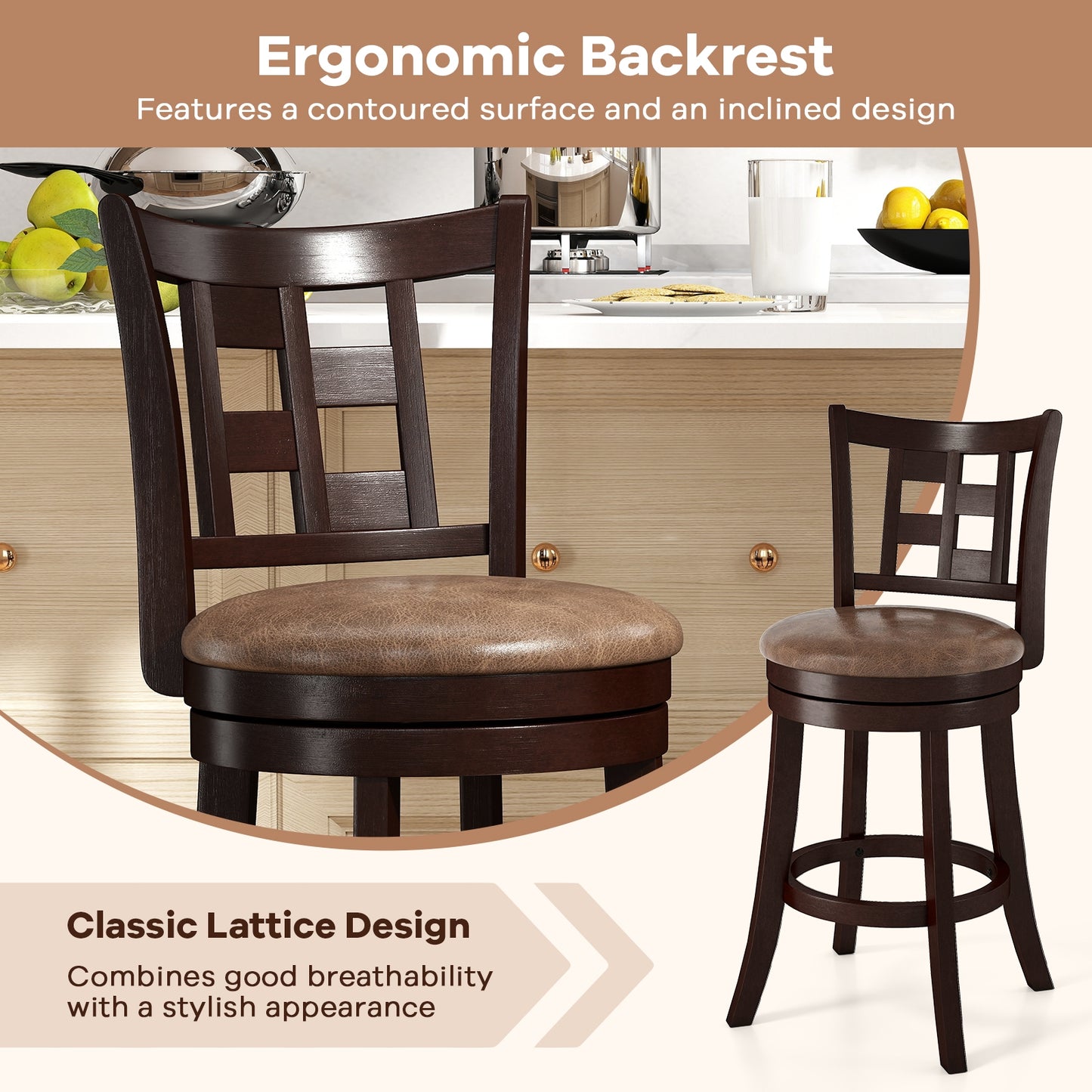 Swivel Bar Stools with Footrest and Lattice Backrest 2-Piece Set 26 Inch Seat Height