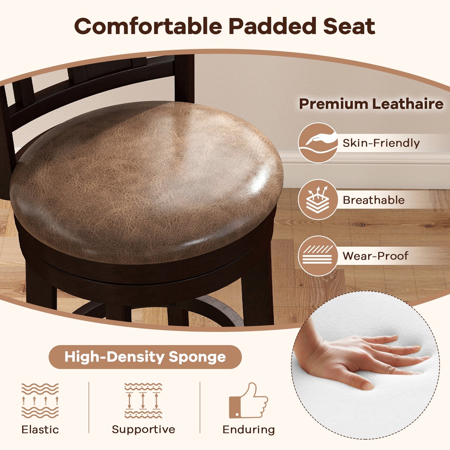 Swivel Bar Stools with Footrest and Lattice Backrest 2-Piece Set 26 Inch Seat Height