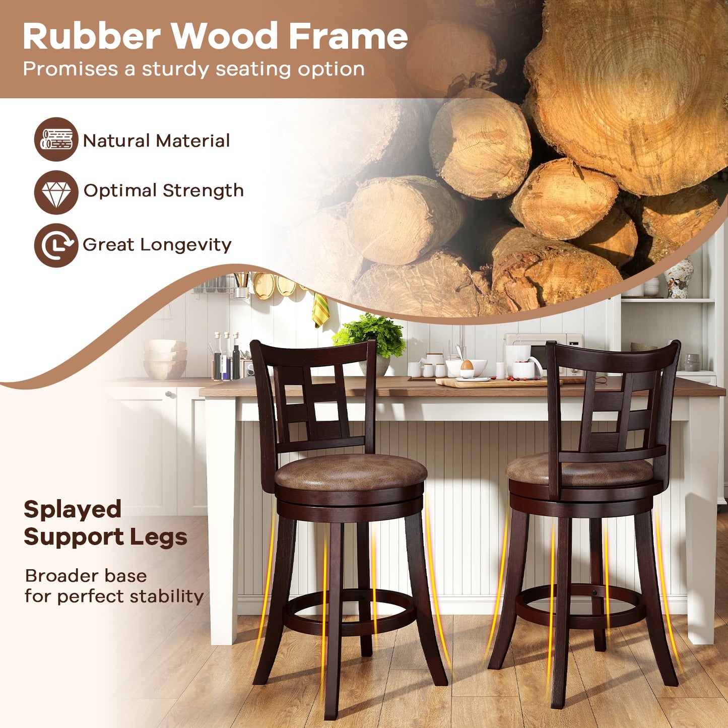 Swivel Bar Stools with Footrest and Lattice Backrest 2-Piece Set 26 Inch Seat Height