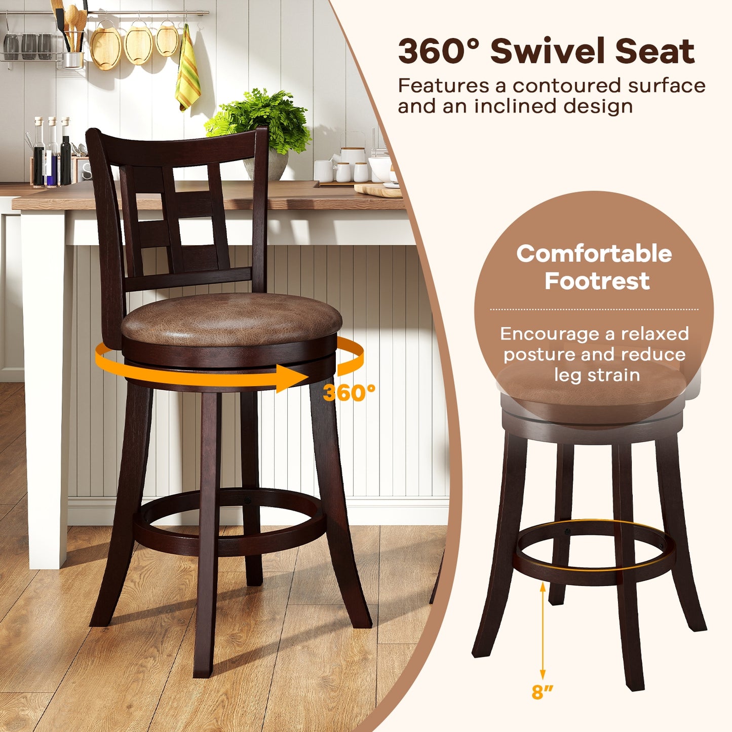 Swivel Bar Stools with Footrest and Lattice Backrest 2-Piece Set 26 Inch Seat Height