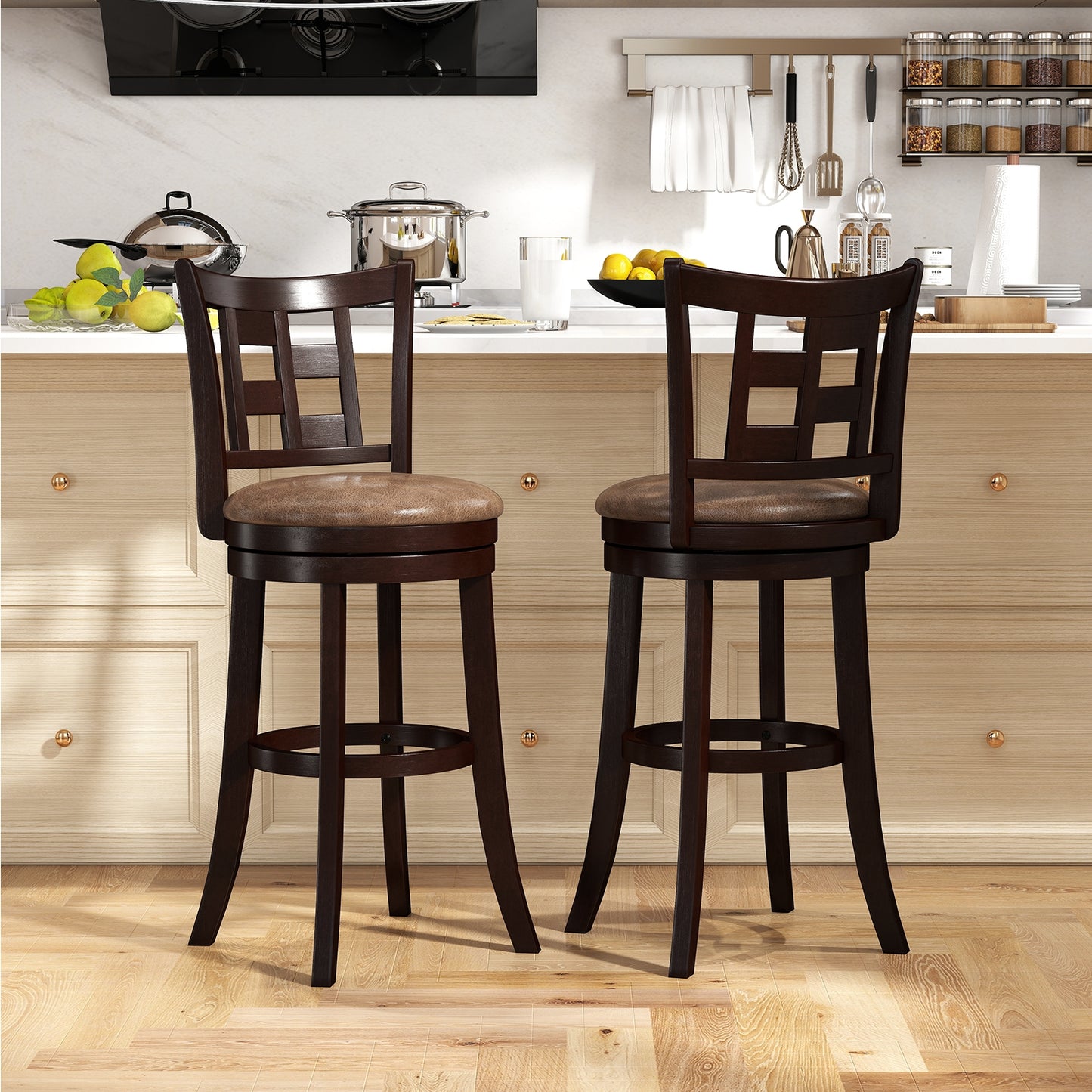 Swivel Bar Stools with Footrest and Lattice Backrest 2-Piece Set 30 Inch Seat Height