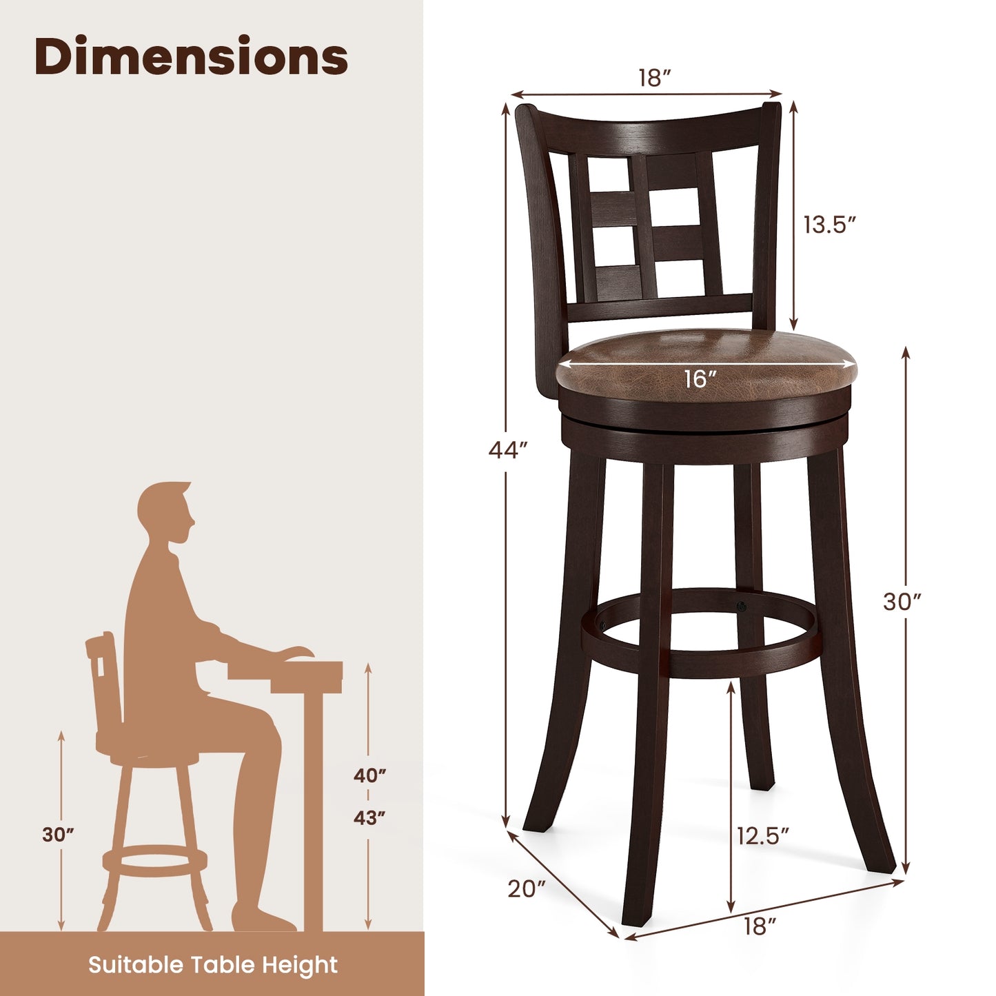 Swivel Bar Stools with Footrest and Lattice Backrest 2-Piece Set 30 Inch Seat Height