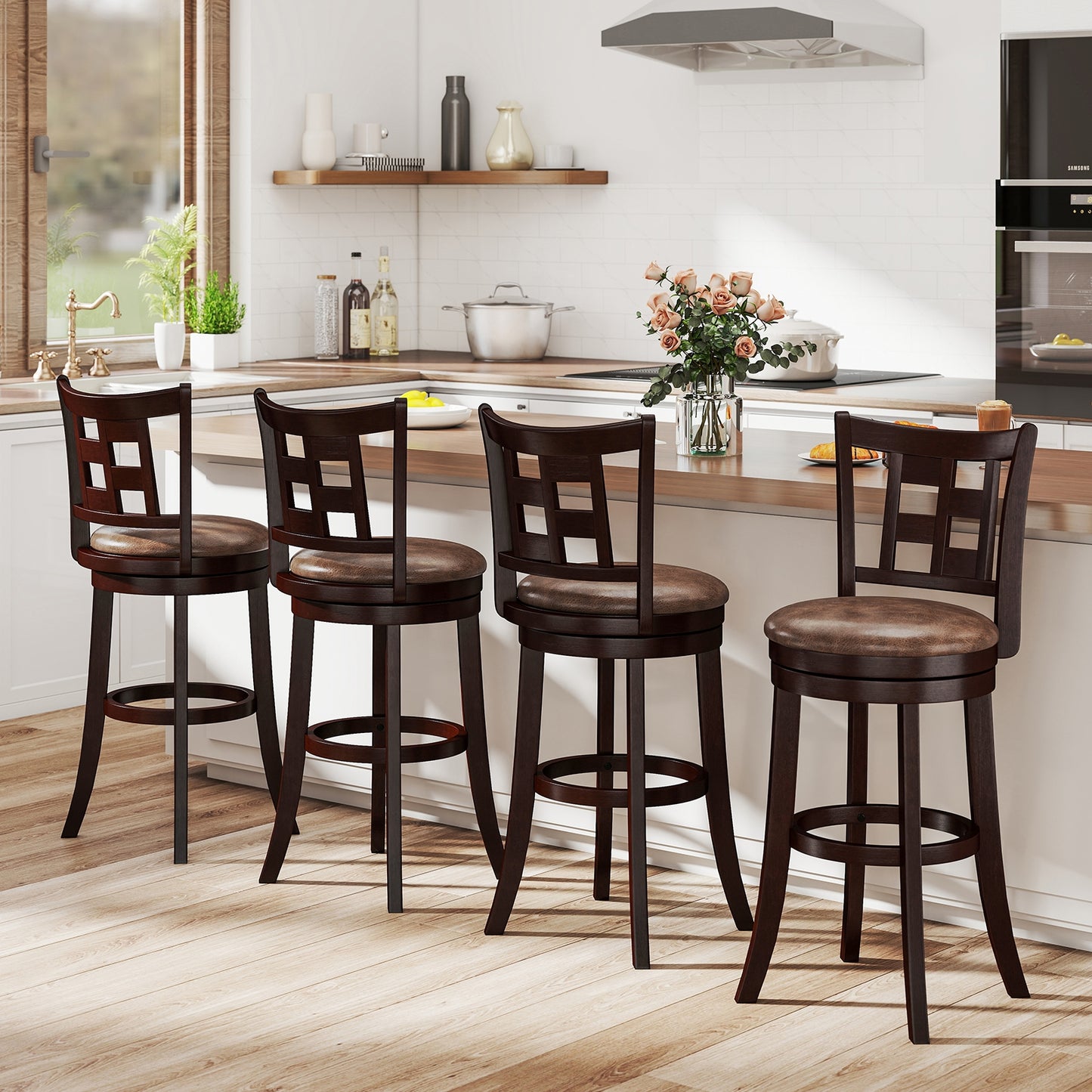 Swivel Bar Stools with Footrest and Lattice Backrest 2-Piece Set 30 Inch Seat Height