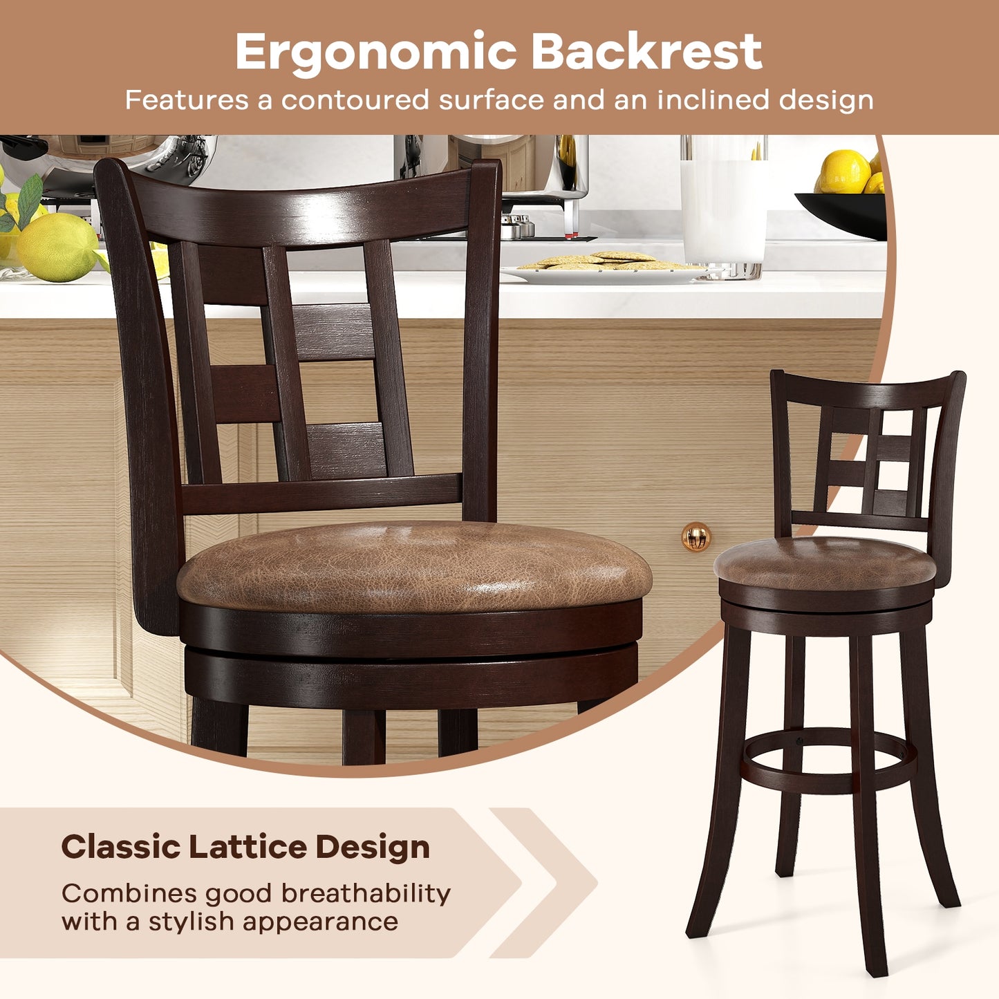 Swivel Bar Stools with Footrest and Lattice Backrest 2-Piece Set 30 Inch Seat Height