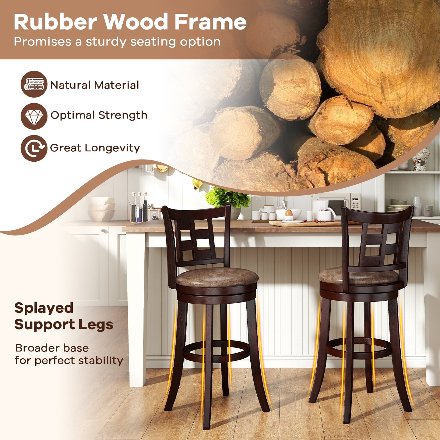 Swivel Bar Stools with Footrest and Lattice Backrest 2-Piece Set 30 Inch Seat Height