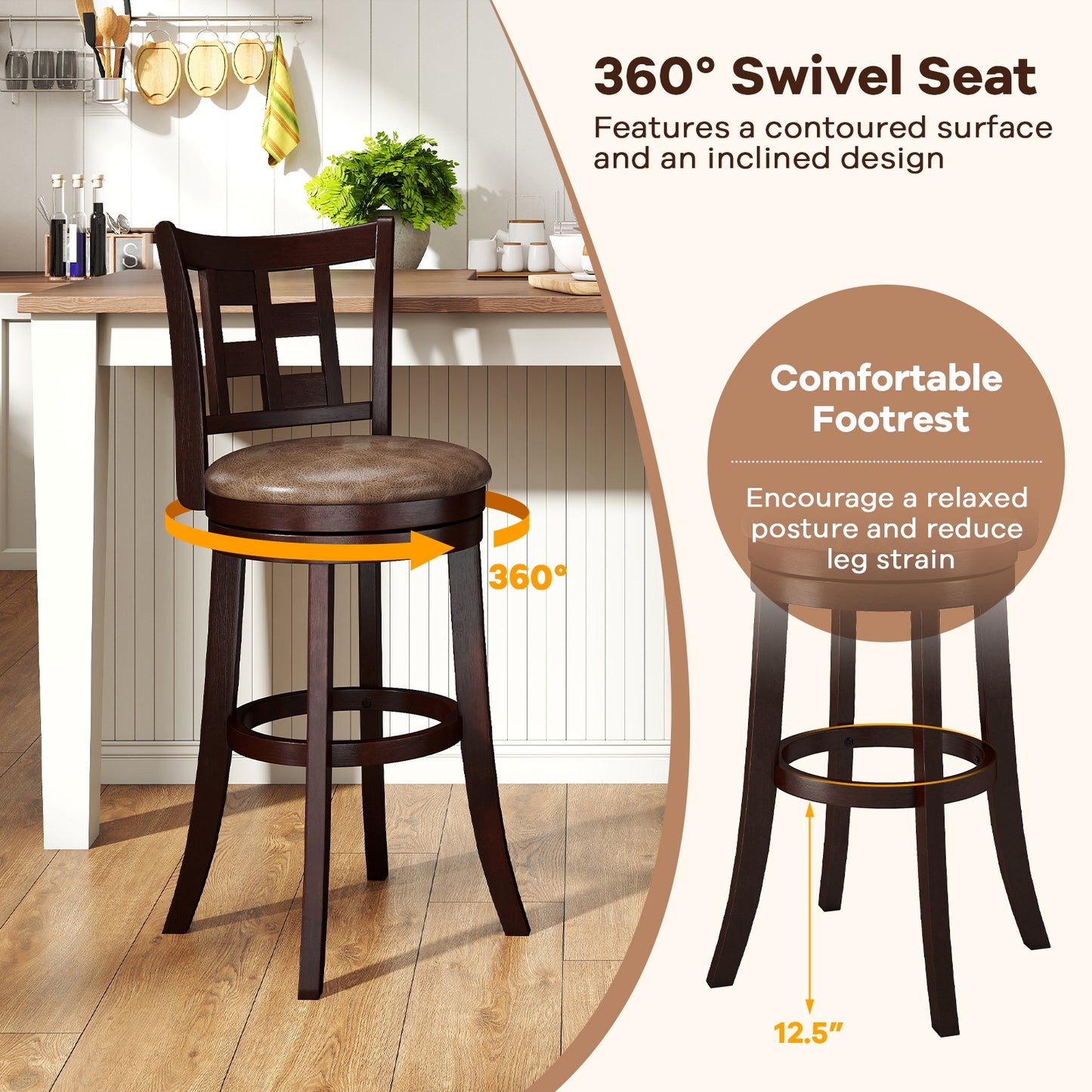Swivel Bar Stools with Footrest and Lattice Backrest 2-Piece Set 30 Inch Seat Height