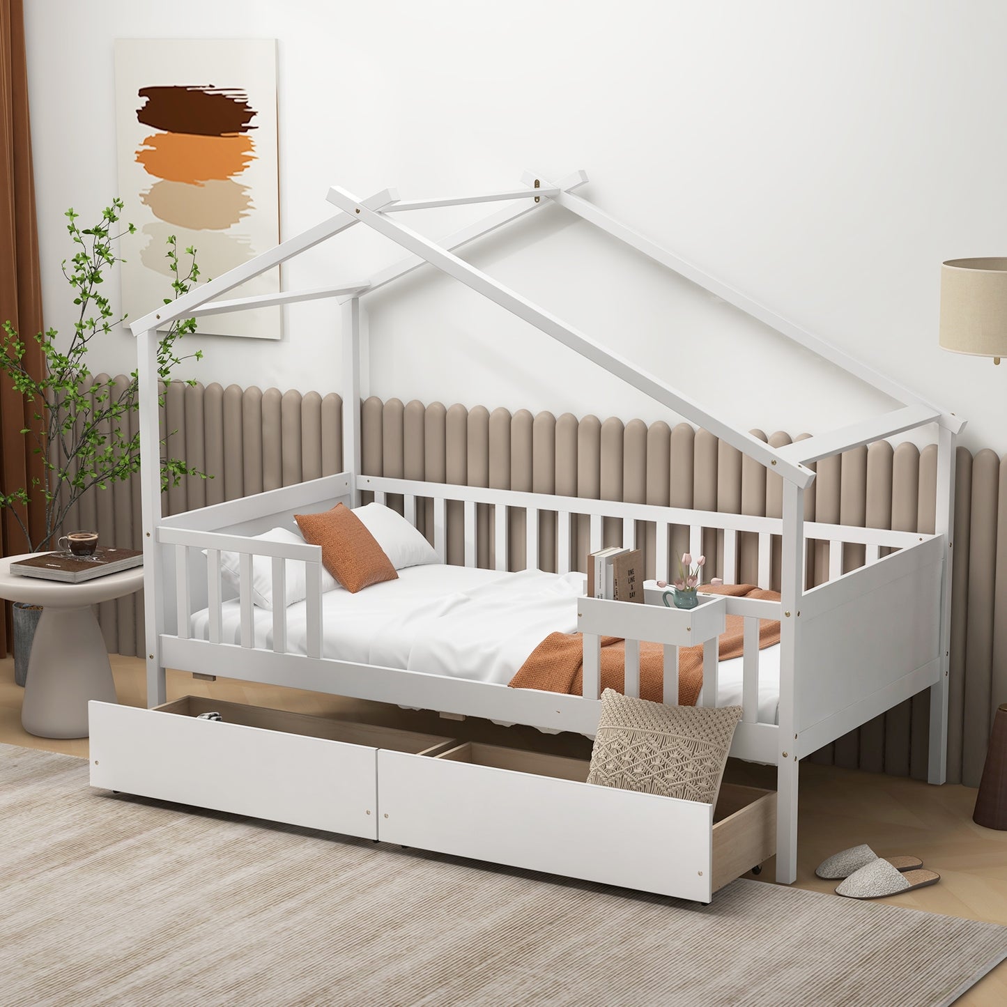 White Twin House Bed with 2 Storage Drawers, Roof, and Fence Rails