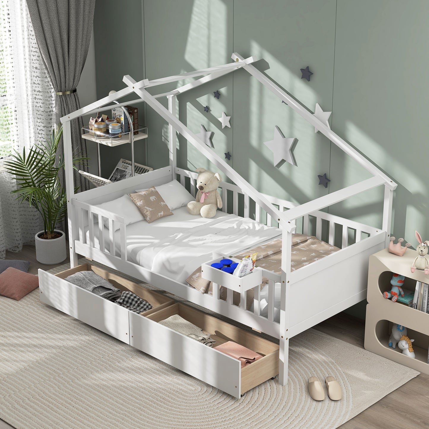 White Twin House Bed with 2 Storage Drawers, Roof, and Fence Rails