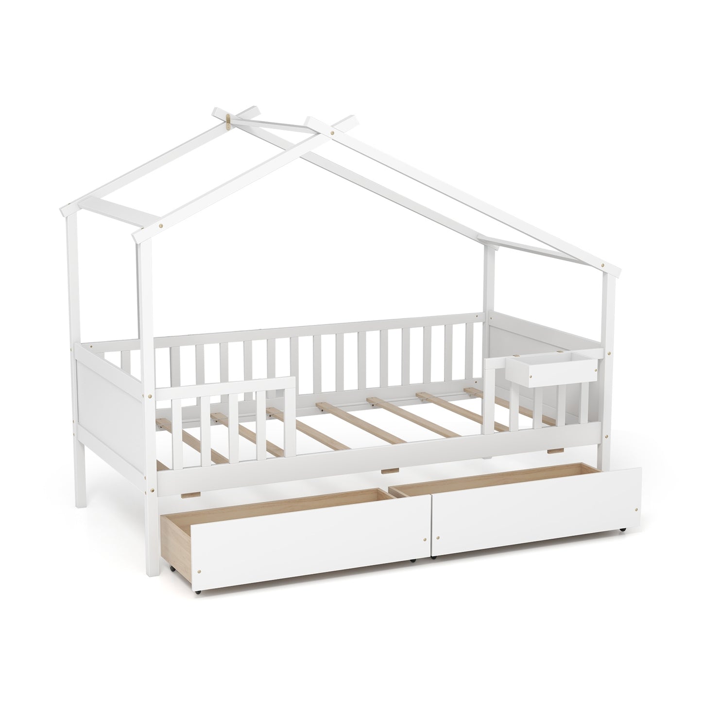 White Twin House Bed with 2 Storage Drawers, Roof, and Fence Rails