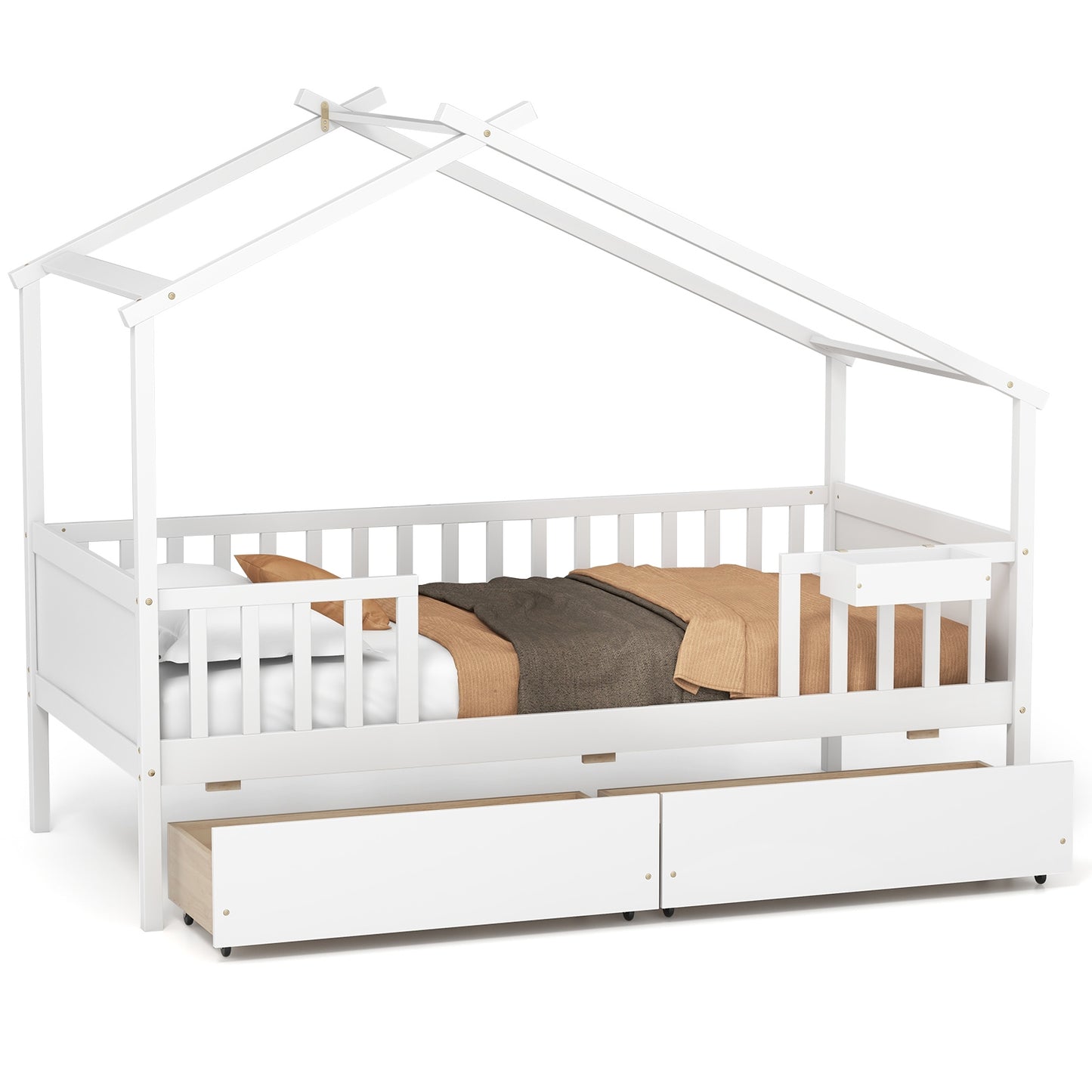 White Twin House Bed with 2 Storage Drawers, Roof, and Fence Rails