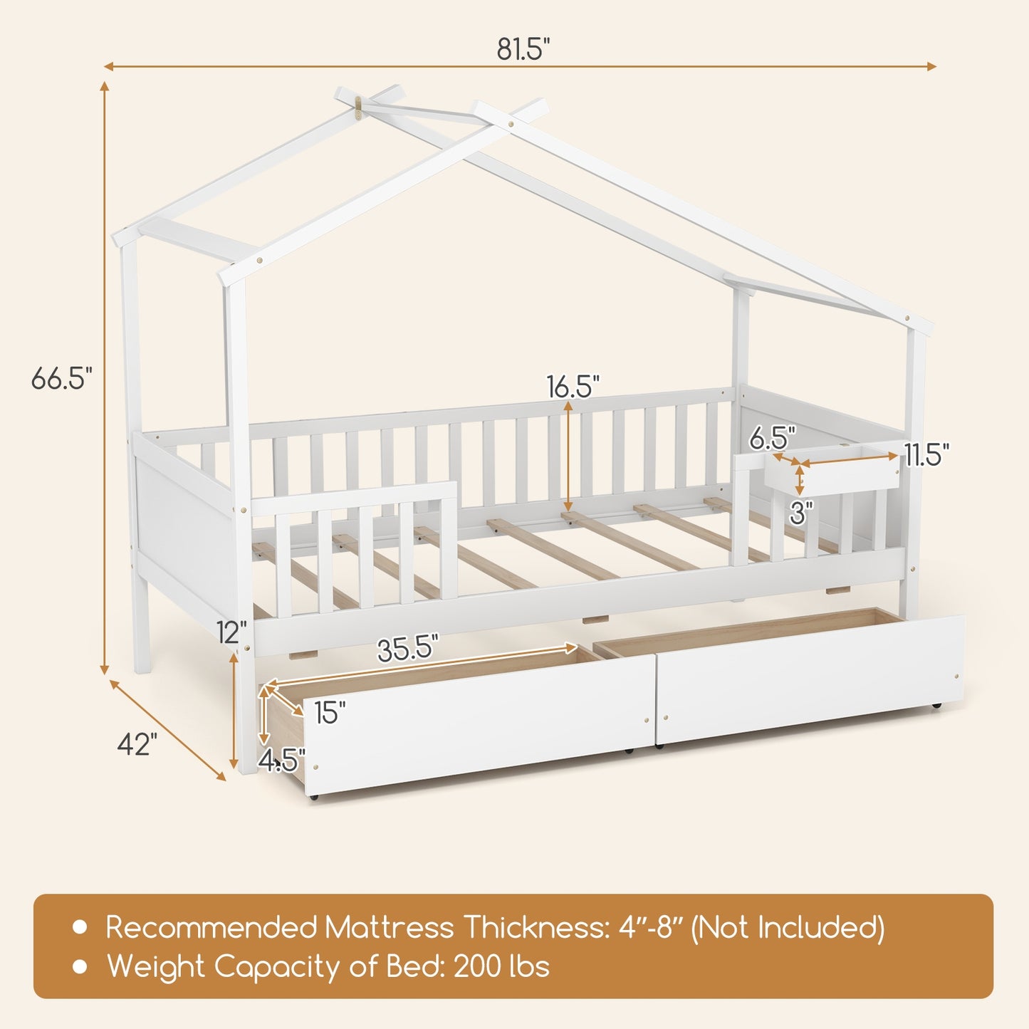 White Twin House Bed with 2 Storage Drawers, Roof, and Fence Rails