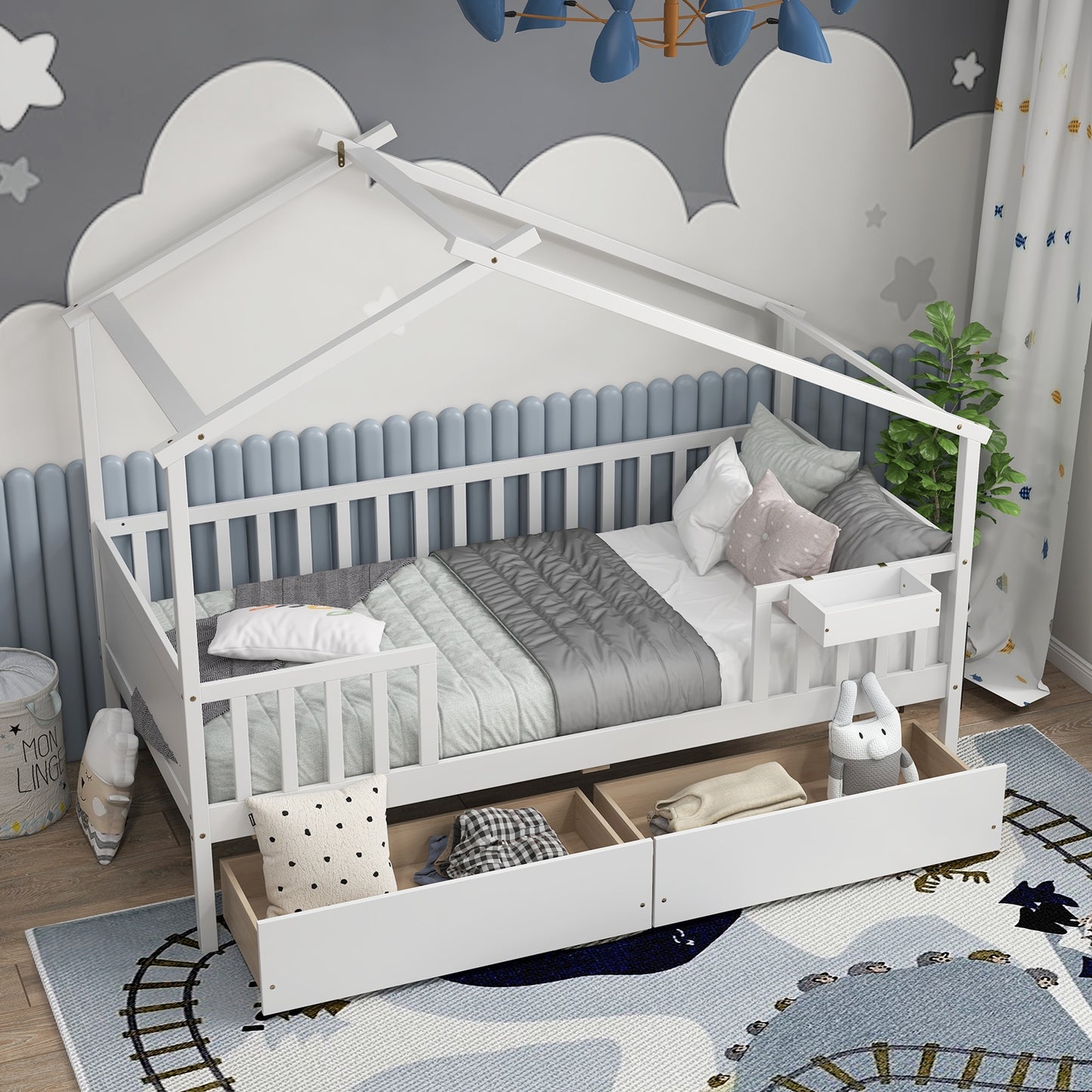 White Twin House Bed with 2 Storage Drawers, Roof, and Fence Rails