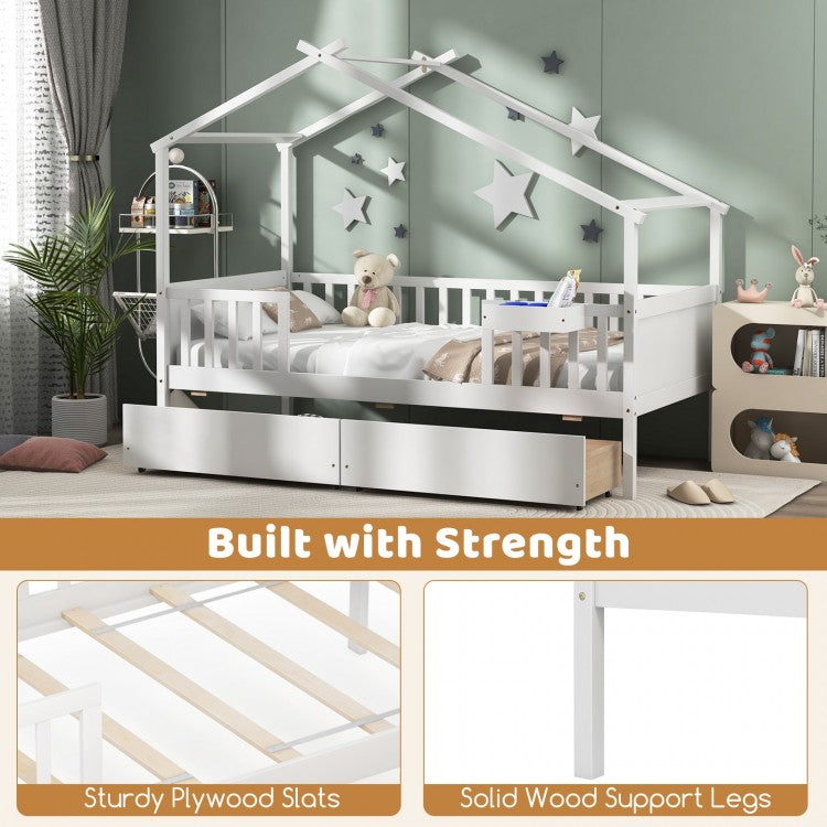 White Twin House Bed with 2 Storage Drawers, Roof, and Fence Rails
