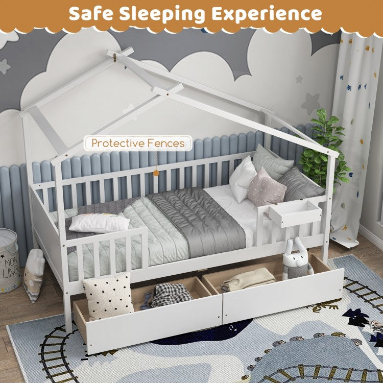 White Twin House Bed with 2 Storage Drawers, Roof, and Fence Rails