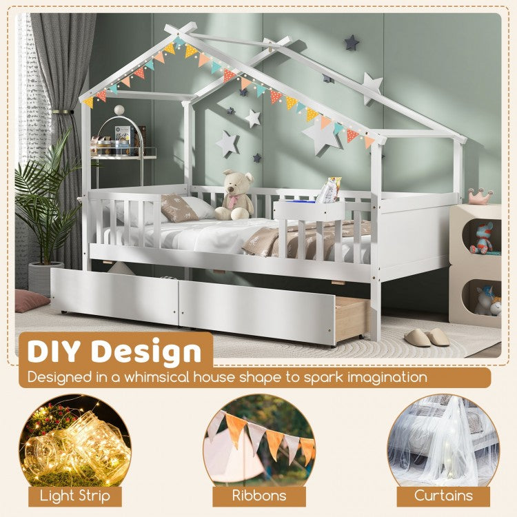 White Twin House Bed with 2 Storage Drawers, Roof, and Fence Rails