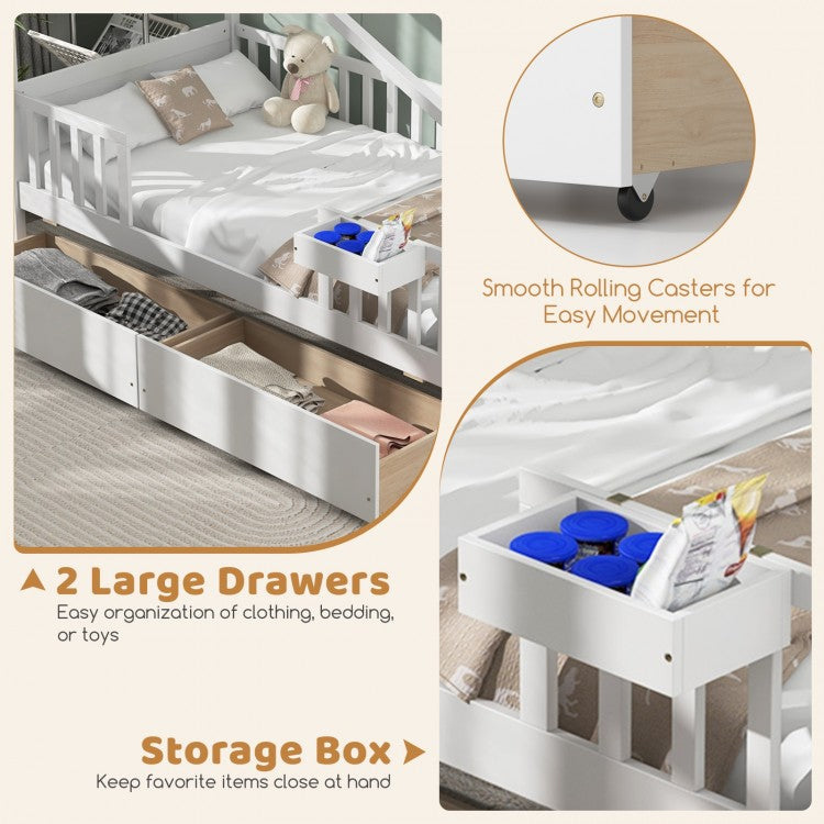 White Twin House Bed with 2 Storage Drawers, Roof, and Fence Rails