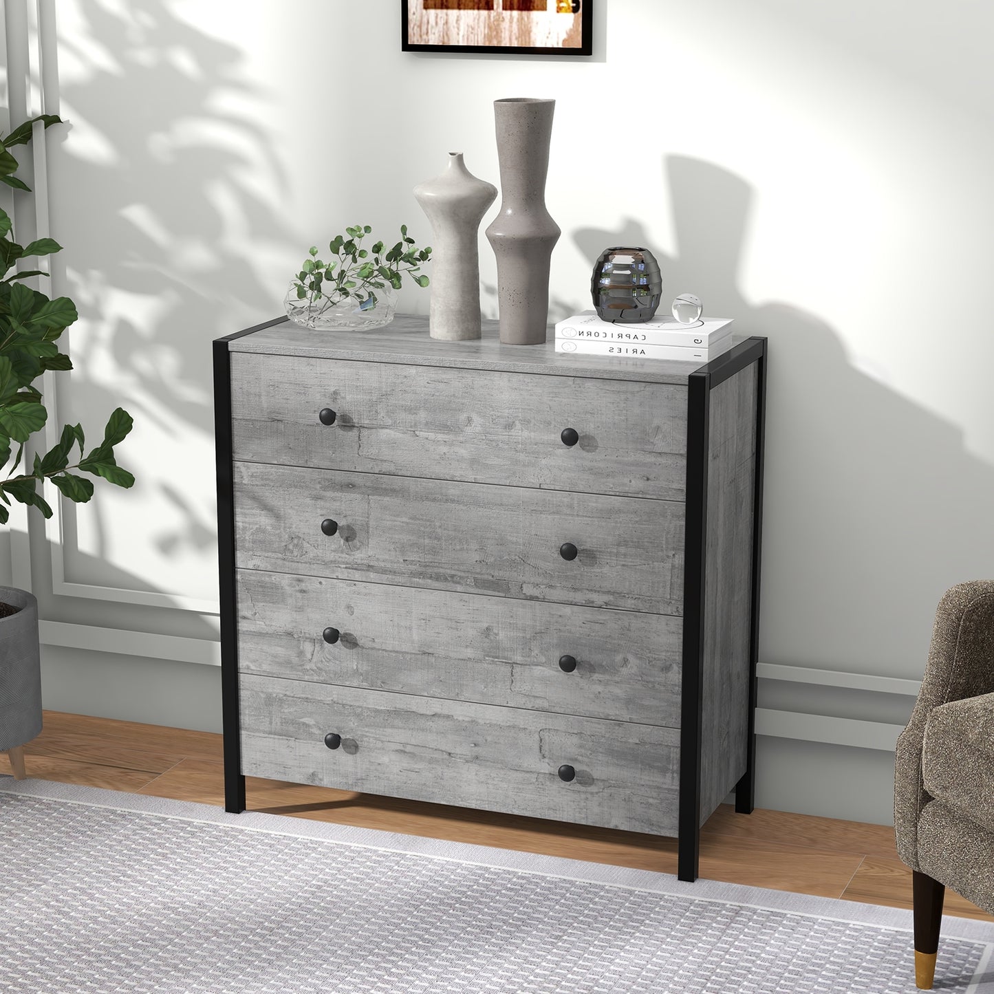 Modern 4-Drawer Wooden Dresser Chest for Bedroom, Living Room & Entryway - Grey Finish