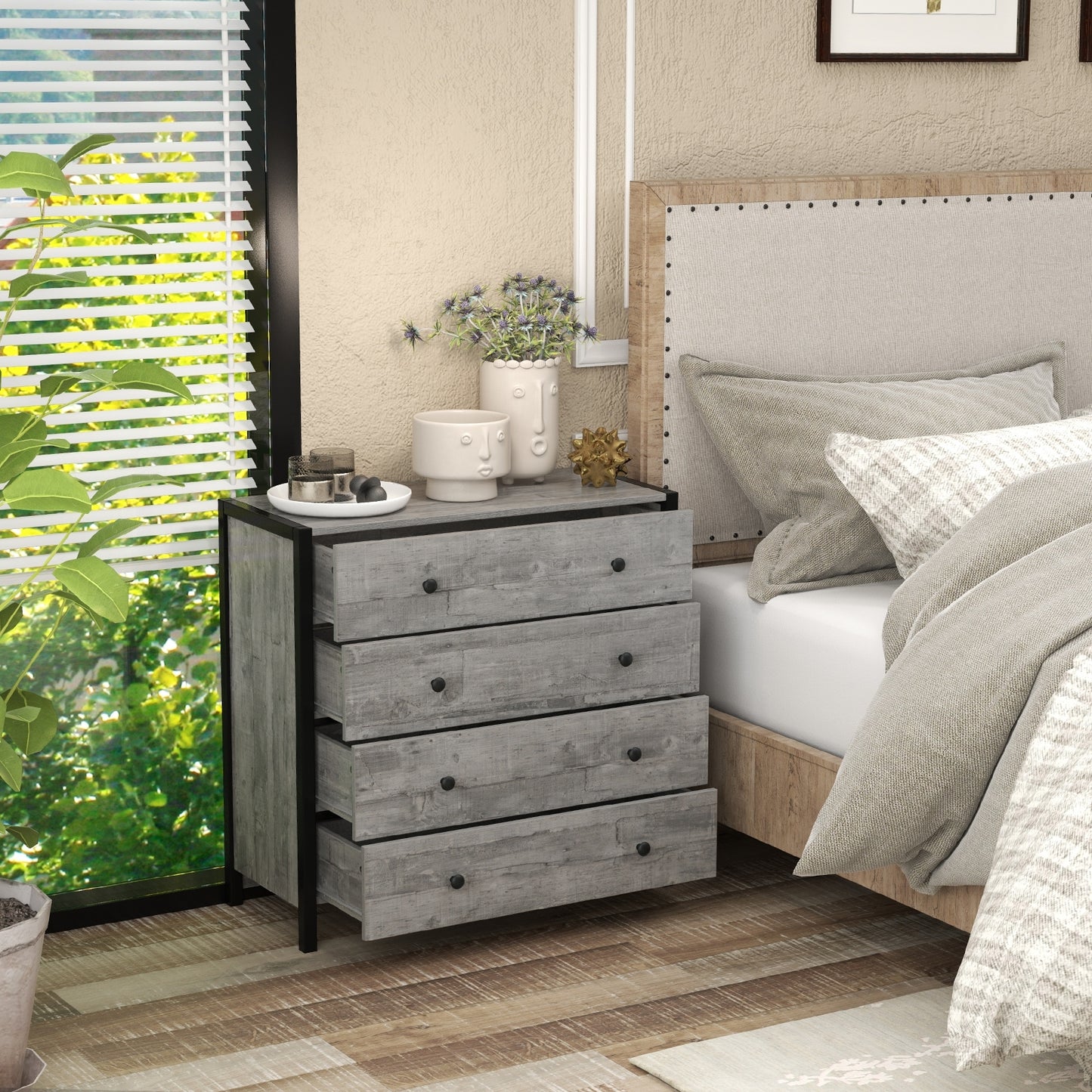 Modern 4-Drawer Wooden Dresser Chest for Bedroom, Living Room & Entryway - Grey Finish