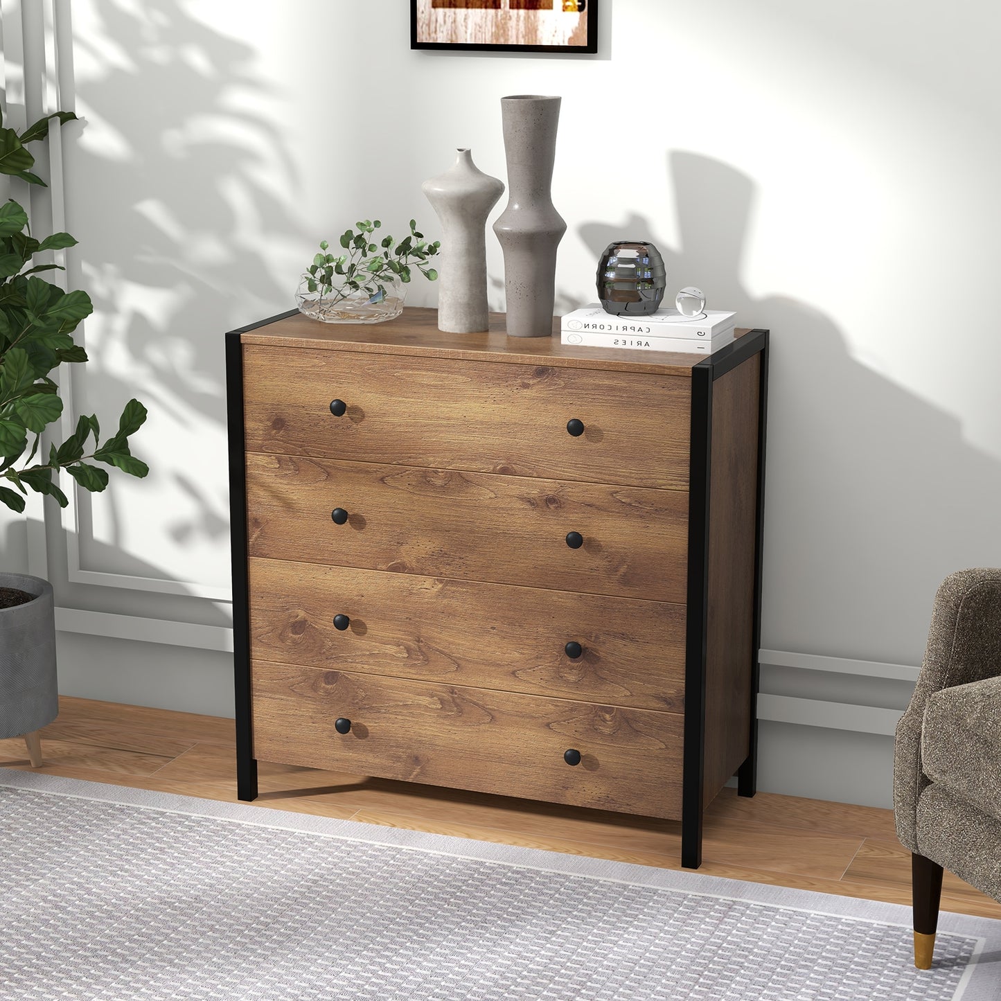 Modern 4-Drawer Wooden Dresser Chest for Bedroom, Living Room & Entryway - Oak Finish