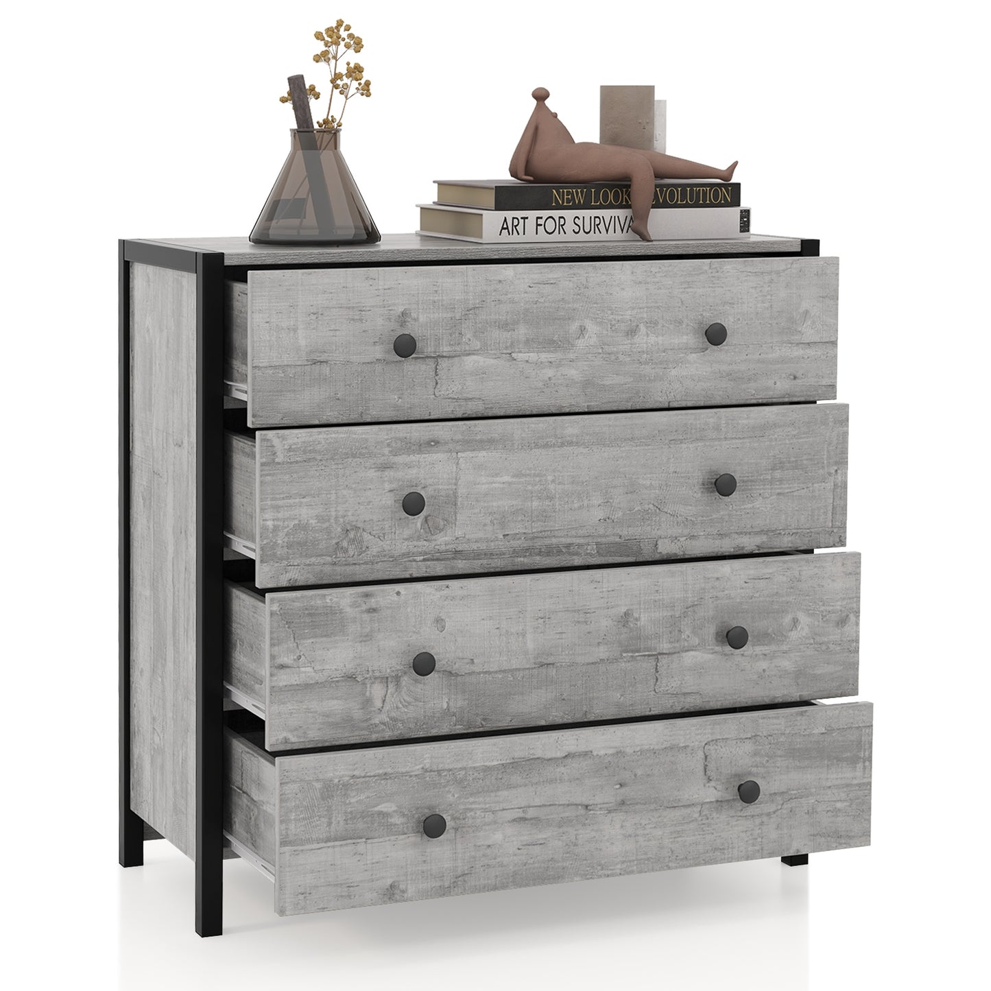 Modern 4-Drawer Wooden Dresser Chest for Bedroom, Living Room & Entryway - Grey Finish