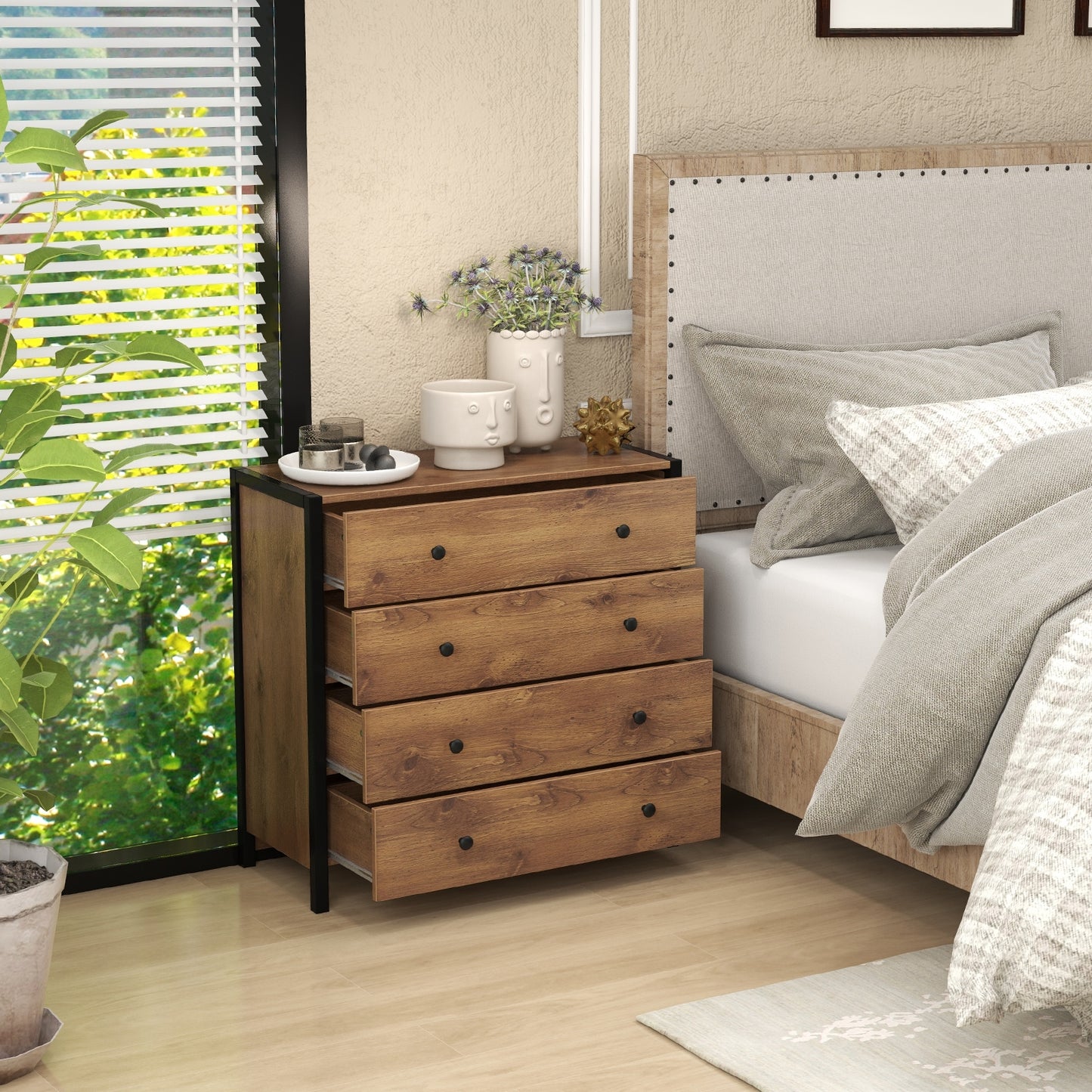 Modern 4-Drawer Wooden Dresser Chest for Bedroom, Living Room & Entryway - Oak Finish