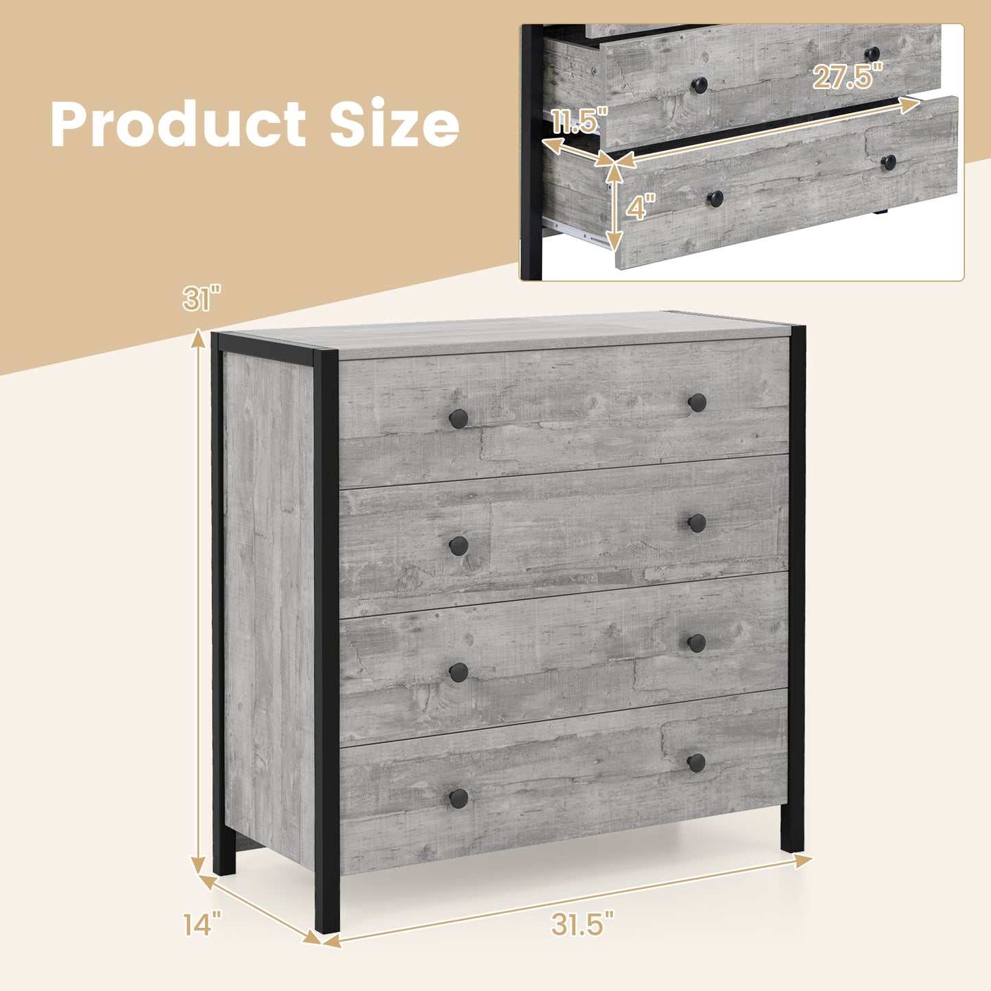 Modern 4-Drawer Wooden Dresser Chest for Bedroom, Living Room & Entryway - Grey Finish