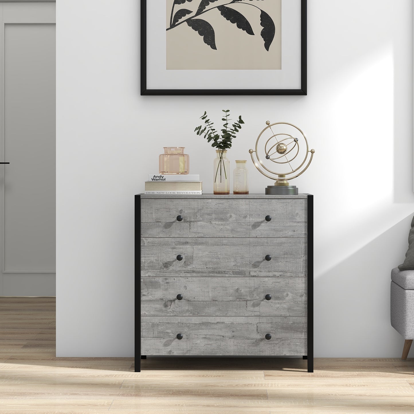 Modern 4-Drawer Wooden Dresser Chest for Bedroom, Living Room & Entryway - Grey Finish