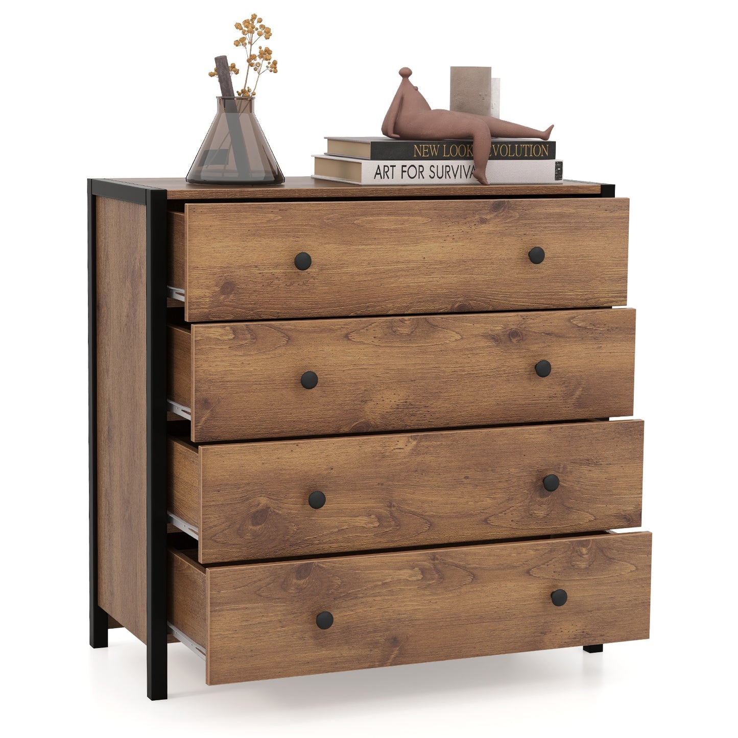Modern 4-Drawer Wooden Dresser Chest for Bedroom, Living Room & Entryway - Oak Finish