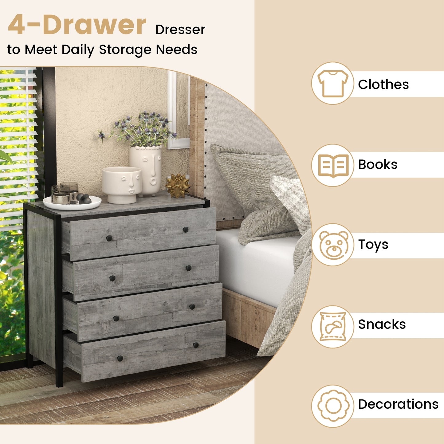 Modern 4-Drawer Wooden Dresser Chest for Bedroom, Living Room & Entryway - Grey Finish