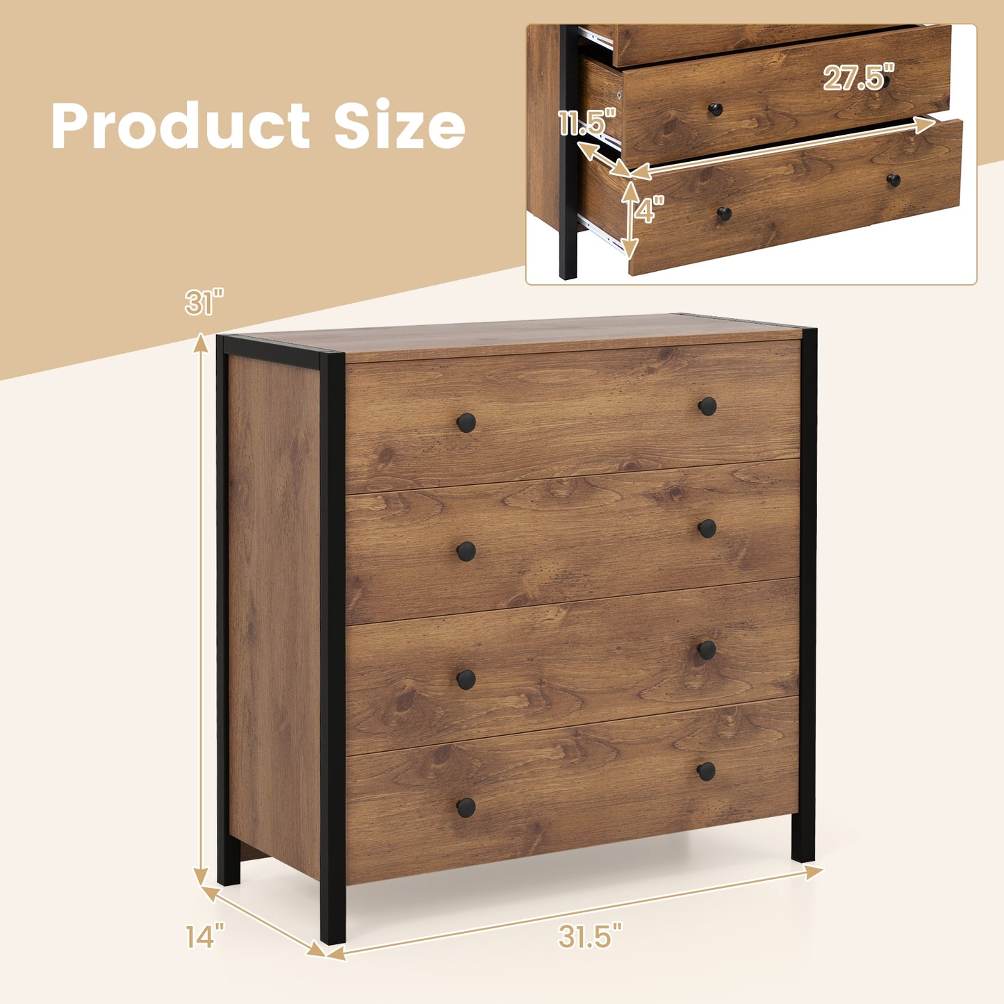 Modern 4-Drawer Wooden Dresser Chest for Bedroom, Living Room & Entryway - Oak Finish